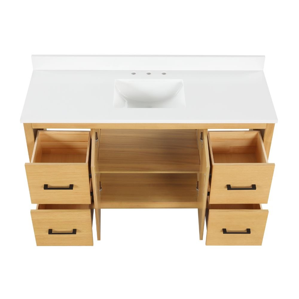 Chans Furniture VH-3320WD-60S 60 Inch Light Oak Sandi Single Sink Bathroom Vanity Toe Kick Style With White Quartz Top