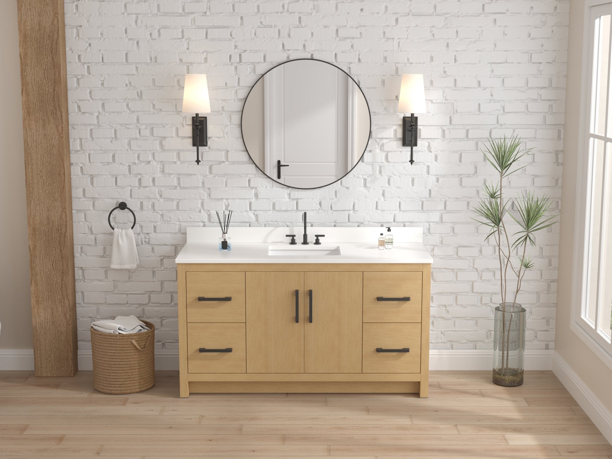 Chans Furniture VH-3320WD-60S 60 Inch Light Oak Sandi Single Sink Bathroom Vanity Toe Kick Style With White Quartz Top