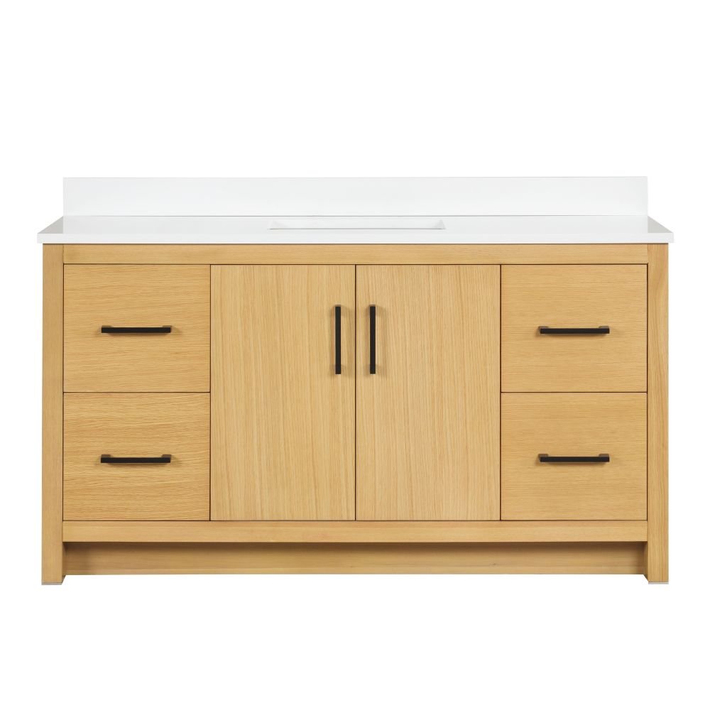 Chans Furniture VH-3320WD-60S 60 Inch Light Oak Sandi Single Sink Bathroom Vanity Toe Kick Style With White Quartz Top