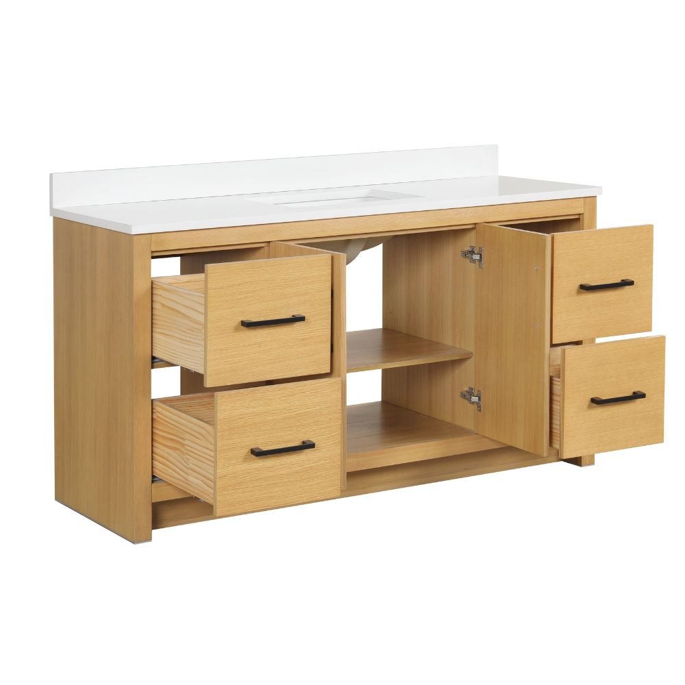 Chans Furniture VH-3320WD-60S 60 Inch Light Oak Sandi Single Sink Bathroom Vanity Toe Kick Style With White Quartz Top