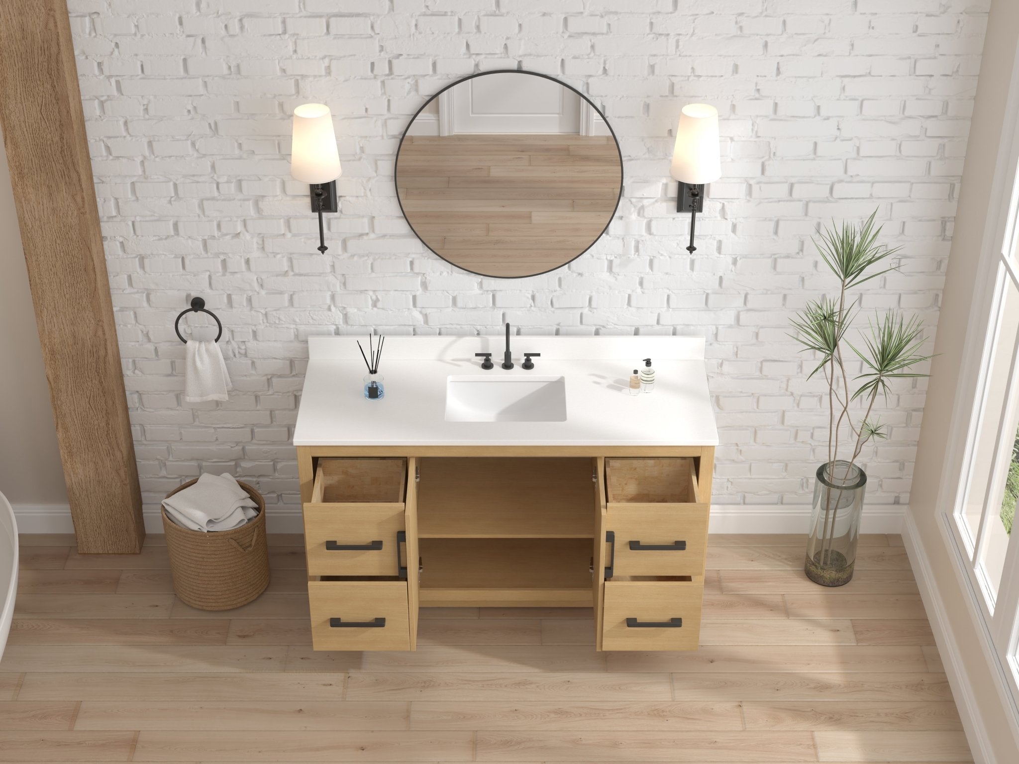 Chans Furniture VH-3320WD-60S 60 Inch Light Oak Sandi Single Sink Bathroom Vanity Toe Kick Style With White Quartz Top