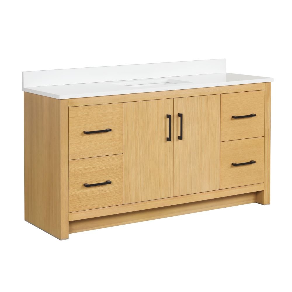 Chans Furniture VH-3320WD-60S 60 Inch Light Oak Sandi Single Sink Bathroom Vanity Toe Kick Style With White Quartz Top