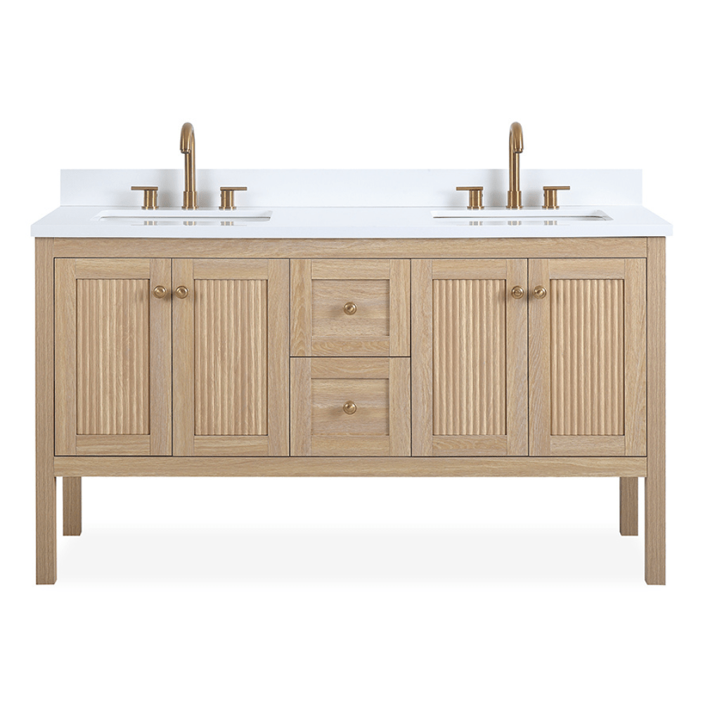 Chans Furniture GD-NG2462-WD-60D 60 Inch Modern Light Oak Sera Double Sink Bathroom Vanity With White Quartz Top