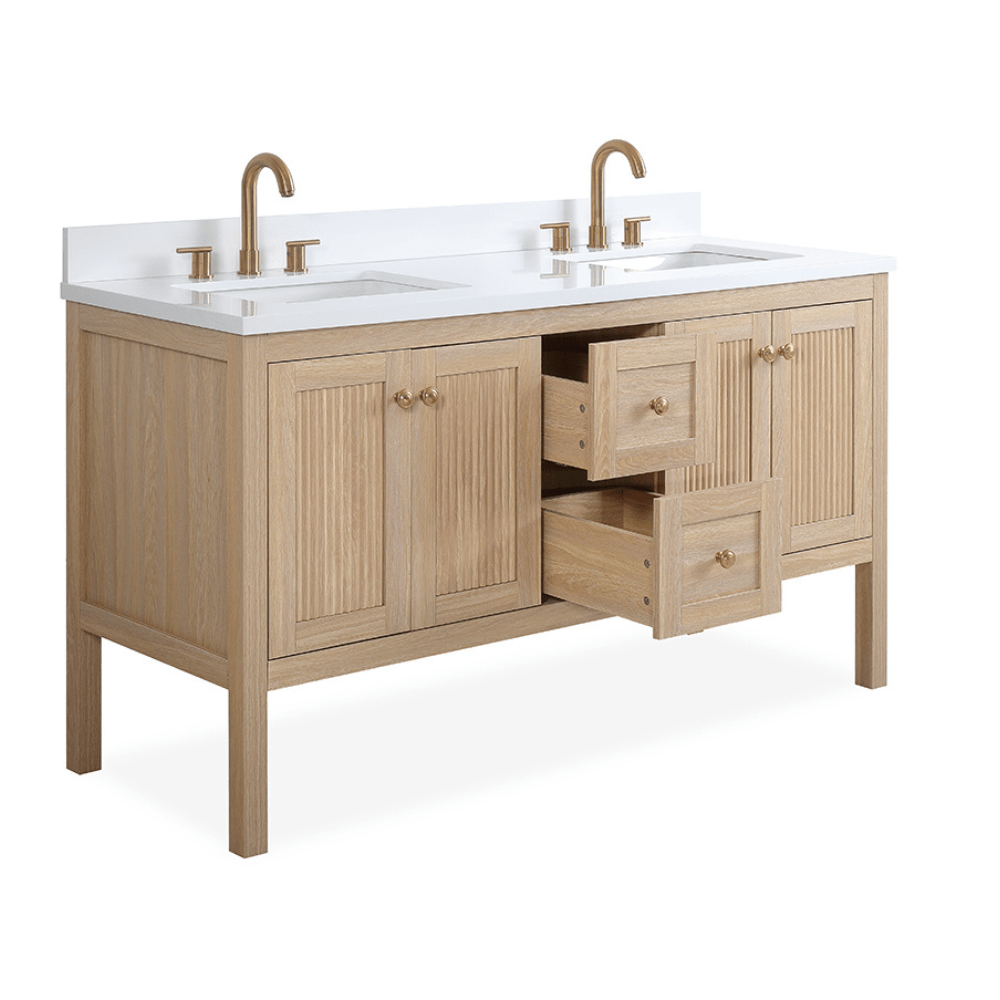 Chans Furniture GD-NG2462-WD-60D 60 Inch Modern Light Oak Sera Double Sink Bathroom Vanity With White Quartz Top