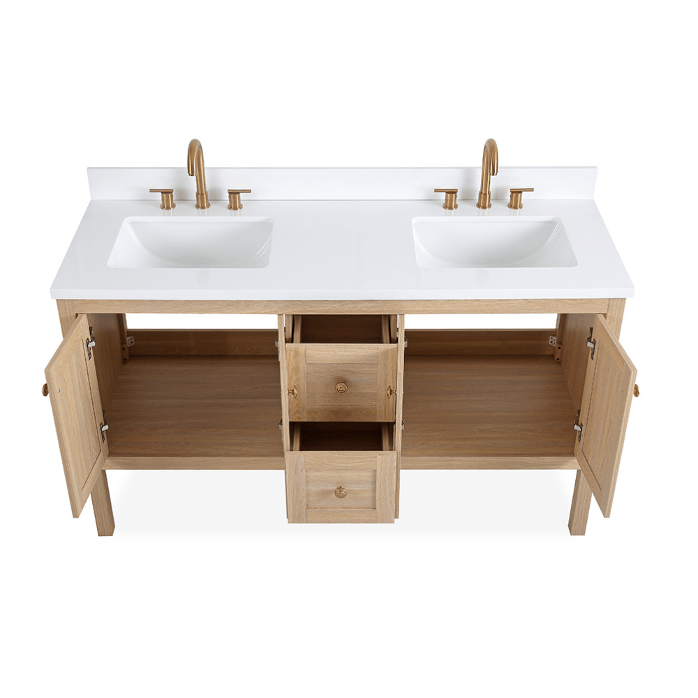 Chans Furniture GD-NG2462-WD-60D 60 Inch Modern Light Oak Sera Double Sink Bathroom Vanity With White Quartz Top