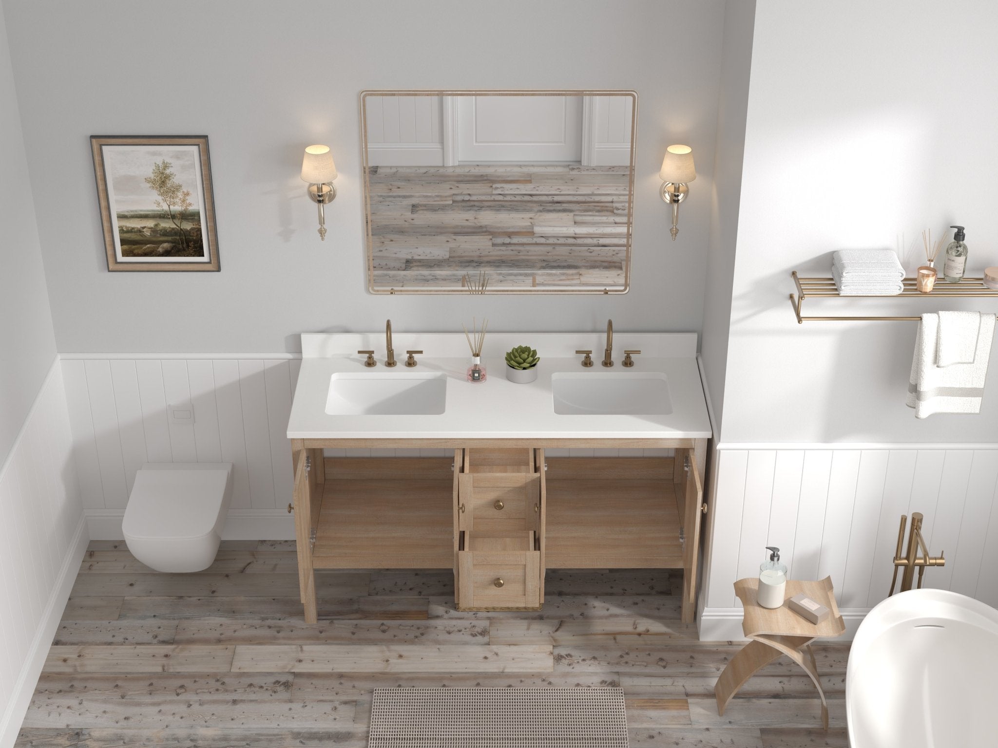Chans Furniture GD-NG2462-WD-60D 60 Inch Modern Light Oak Sera Double Sink Bathroom Vanity With White Quartz Top