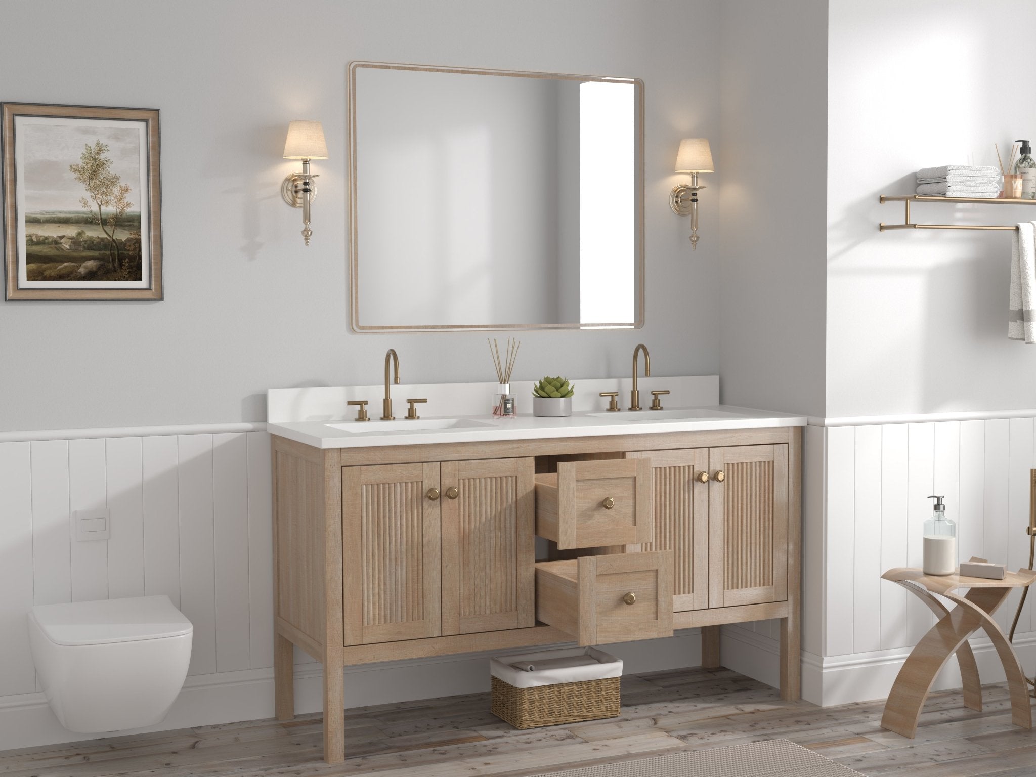 Chans Furniture GD-NG2462-WD-60D 60 Inch Modern Light Oak Sera Double Sink Bathroom Vanity With White Quartz Top
