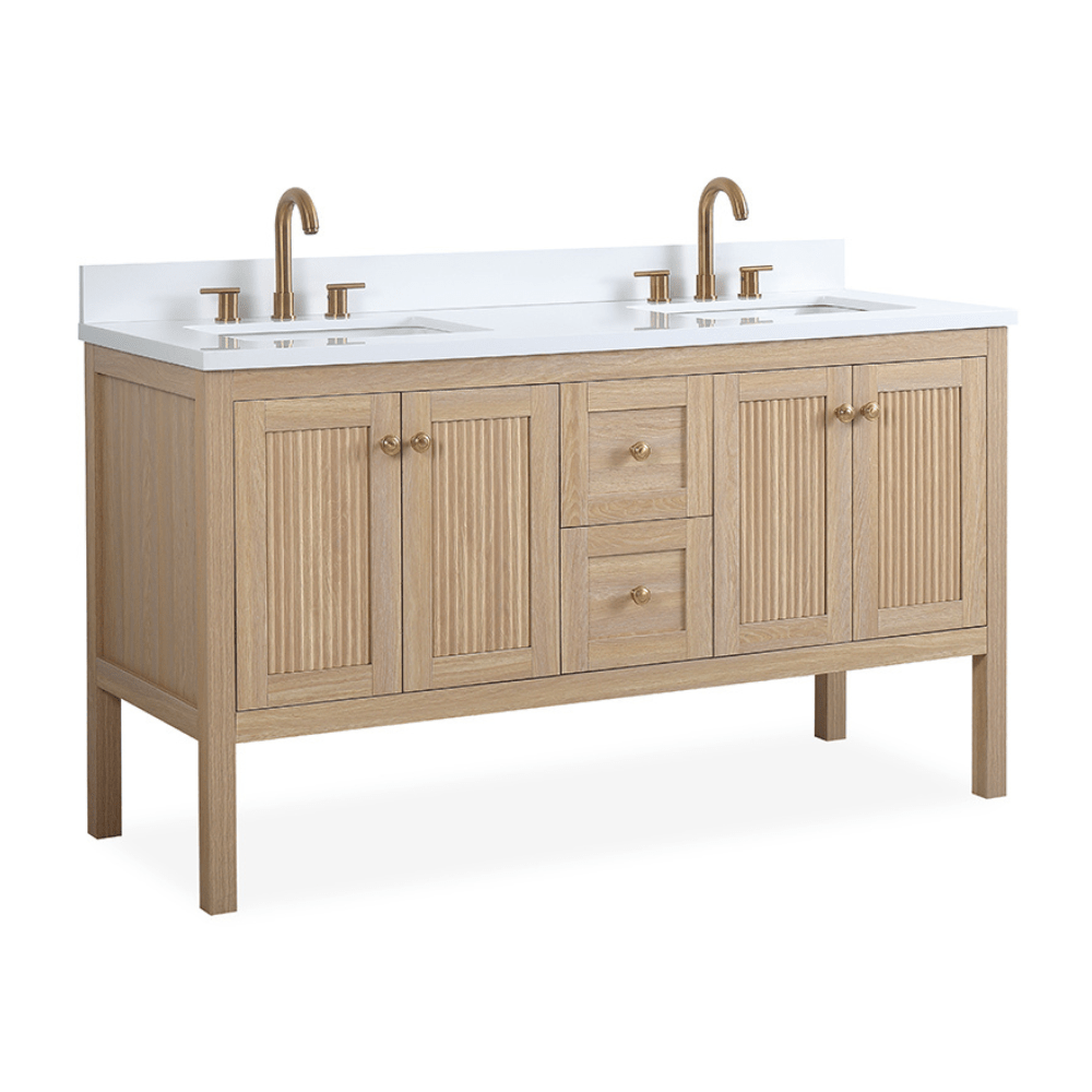 Chans Furniture GD-NG2462-WD-60D 60 Inch Modern Light Oak Sera Double Sink Bathroom Vanity With White Quartz Top