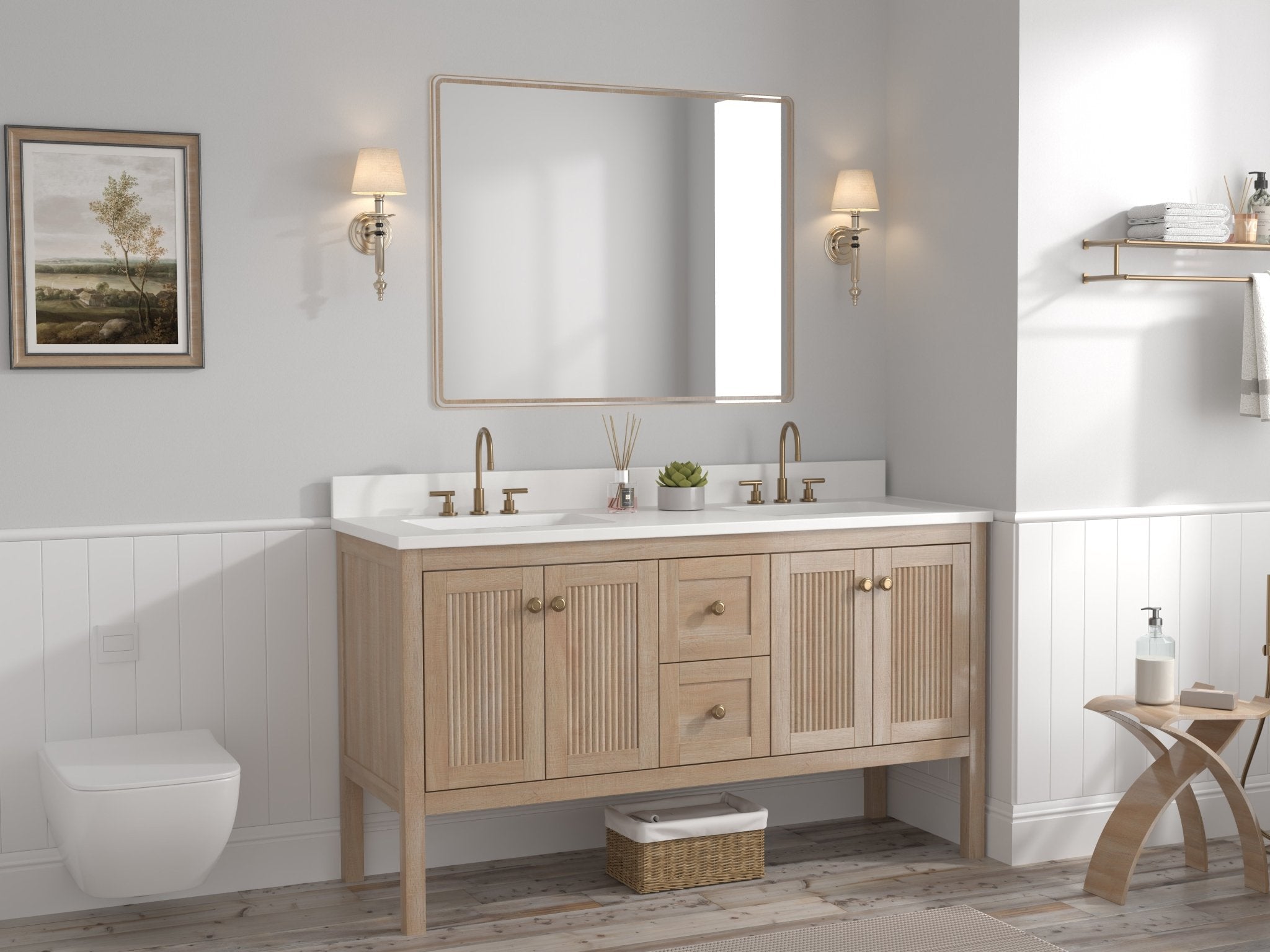 Chans Furniture GD-NG2462-WD-60D 60 Inch Modern Light Oak Sera Double Sink Bathroom Vanity With White Quartz Top