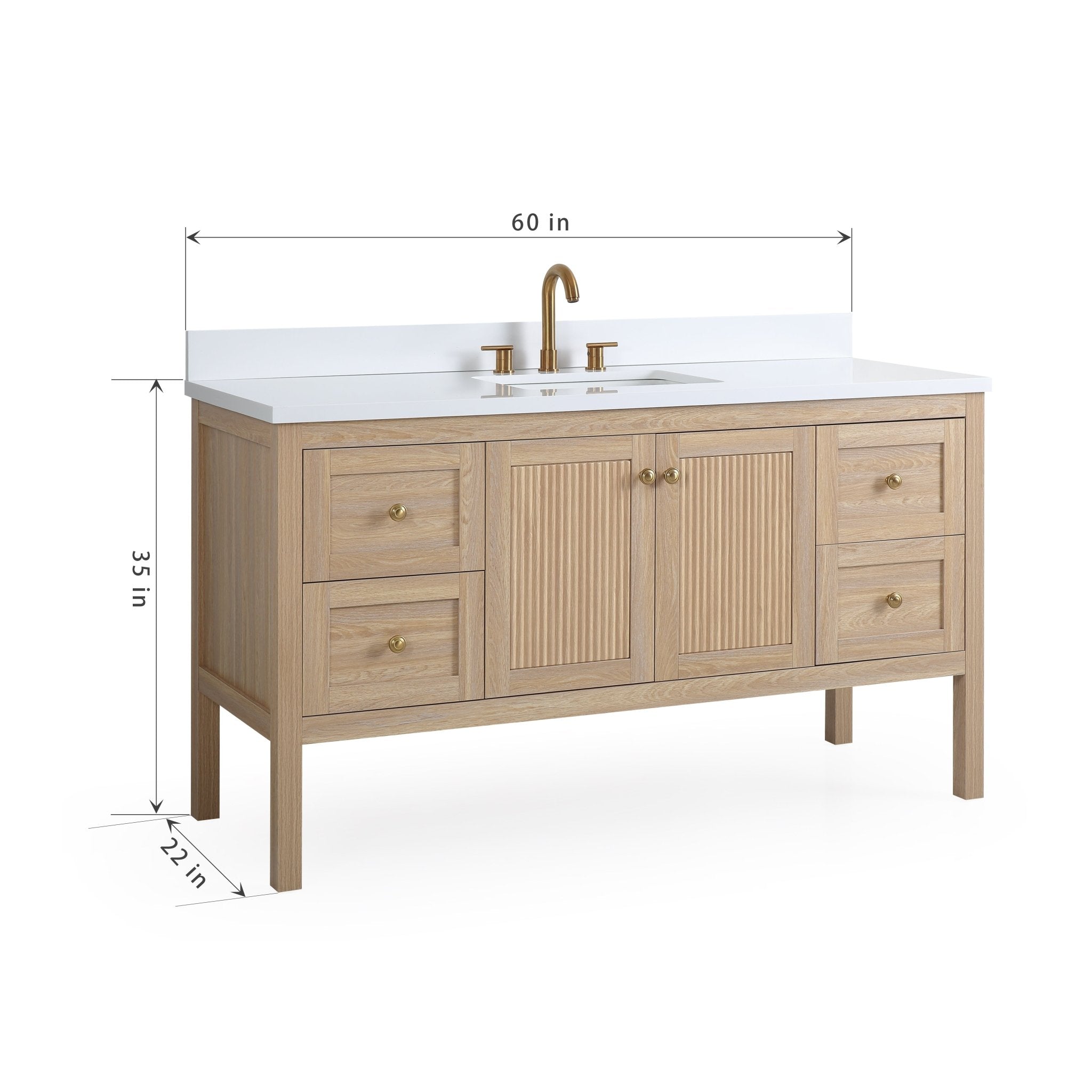 Chans Furniture GD-2462WD-60S 60 Inch Modern Light Oak Sera Single Sink Bathroom Vanity With White Quartz Top