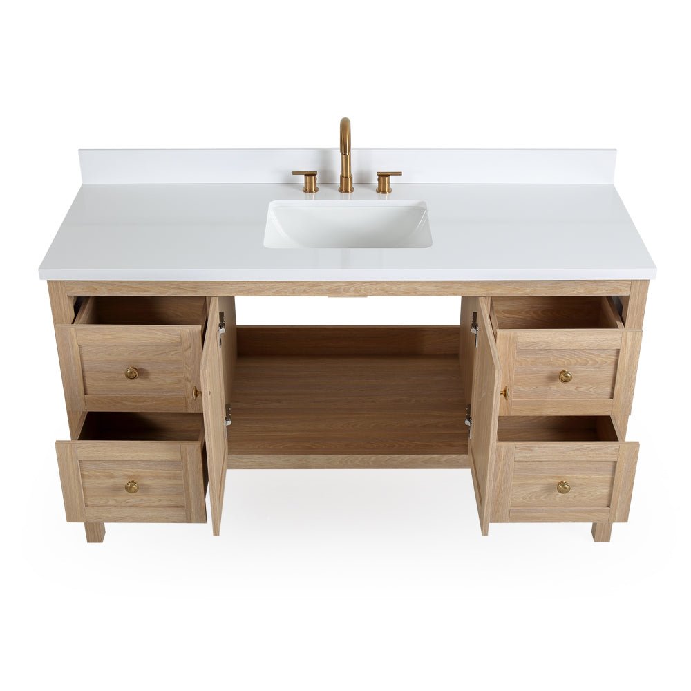 Chans Furniture GD-2462WD-60S 60 Inch Modern Light Oak Sera Single Sink Bathroom Vanity With White Quartz Top