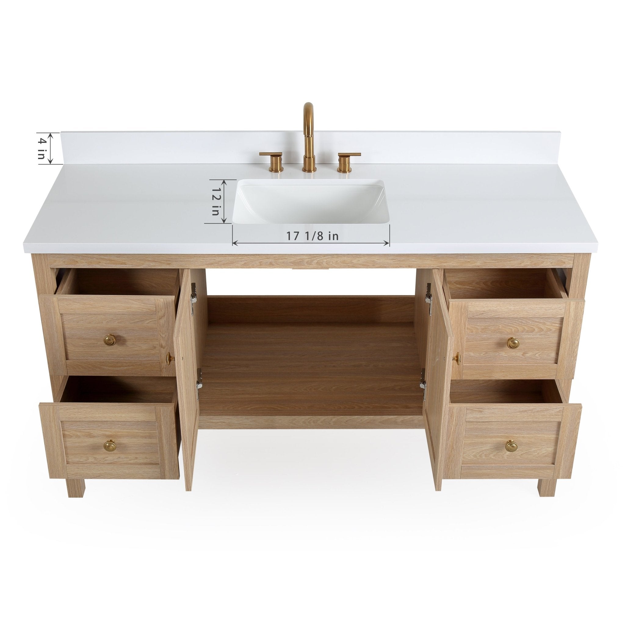 Chans Furniture GD-2462WD-60S 60 Inch Modern Light Oak Sera Single Sink Bathroom Vanity With White Quartz Top