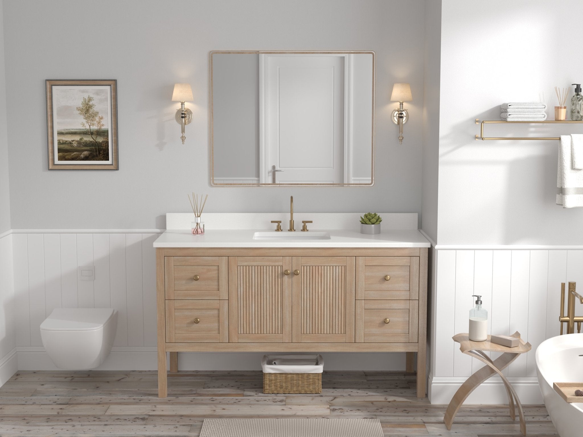 Chans Furniture GD-2462WD-60S 60 Inch Modern Light Oak Sera Single Sink Bathroom Vanity With White Quartz Top