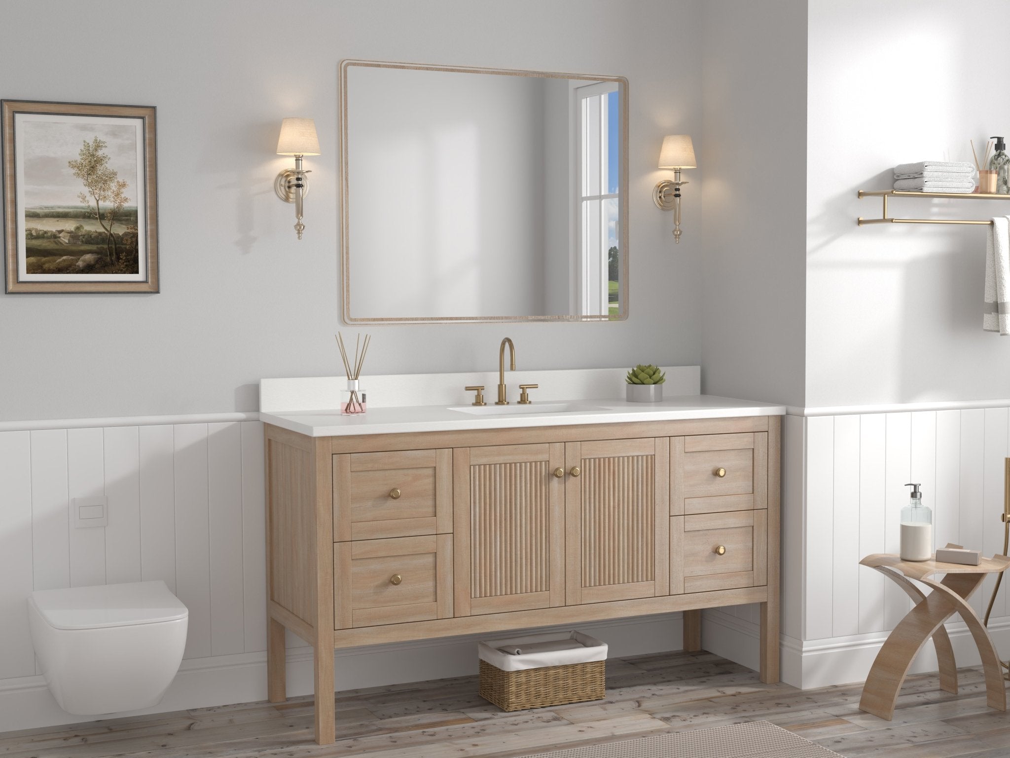 Chans Furniture GD-2462WD-60S 60 Inch Modern Light Oak Sera Single Sink Bathroom Vanity With White Quartz Top