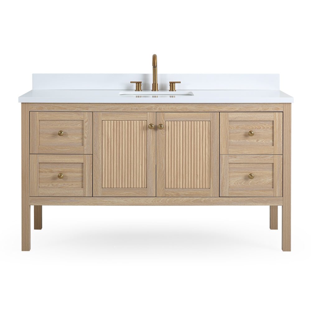 Chans Furniture GD-2462WD-60S 60 Inch Modern Light Oak Sera Single Sink Bathroom Vanity With White Quartz Top