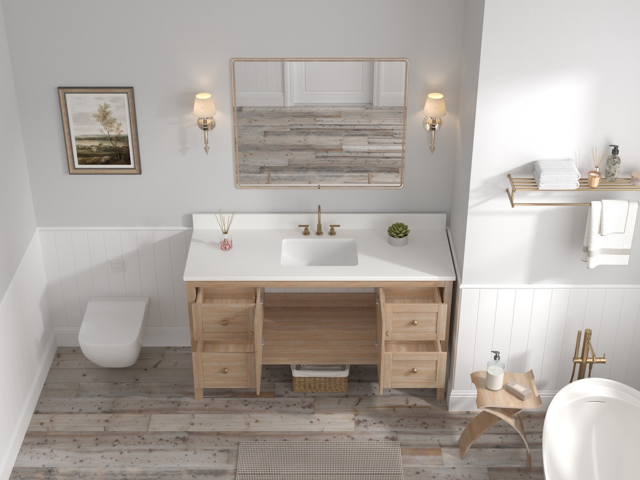 Chans Furniture GD-2462WD-60S 60 Inch Modern Light Oak Sera Single Sink Bathroom Vanity With White Quartz Top
