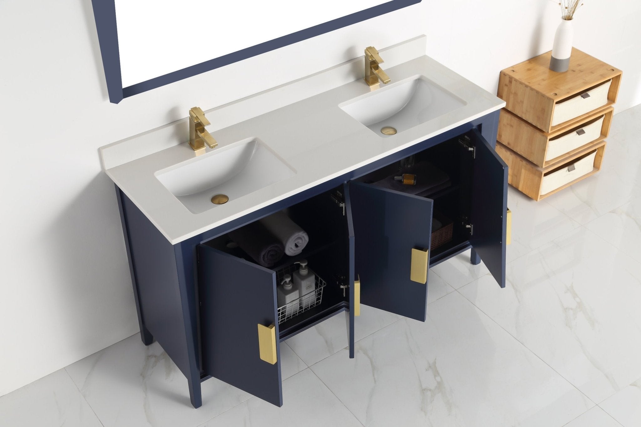 Chans Furniture CL-22NB60-QT 60" Larvotto Navy Blue Contemporary Double Sink Bathroom Vanity