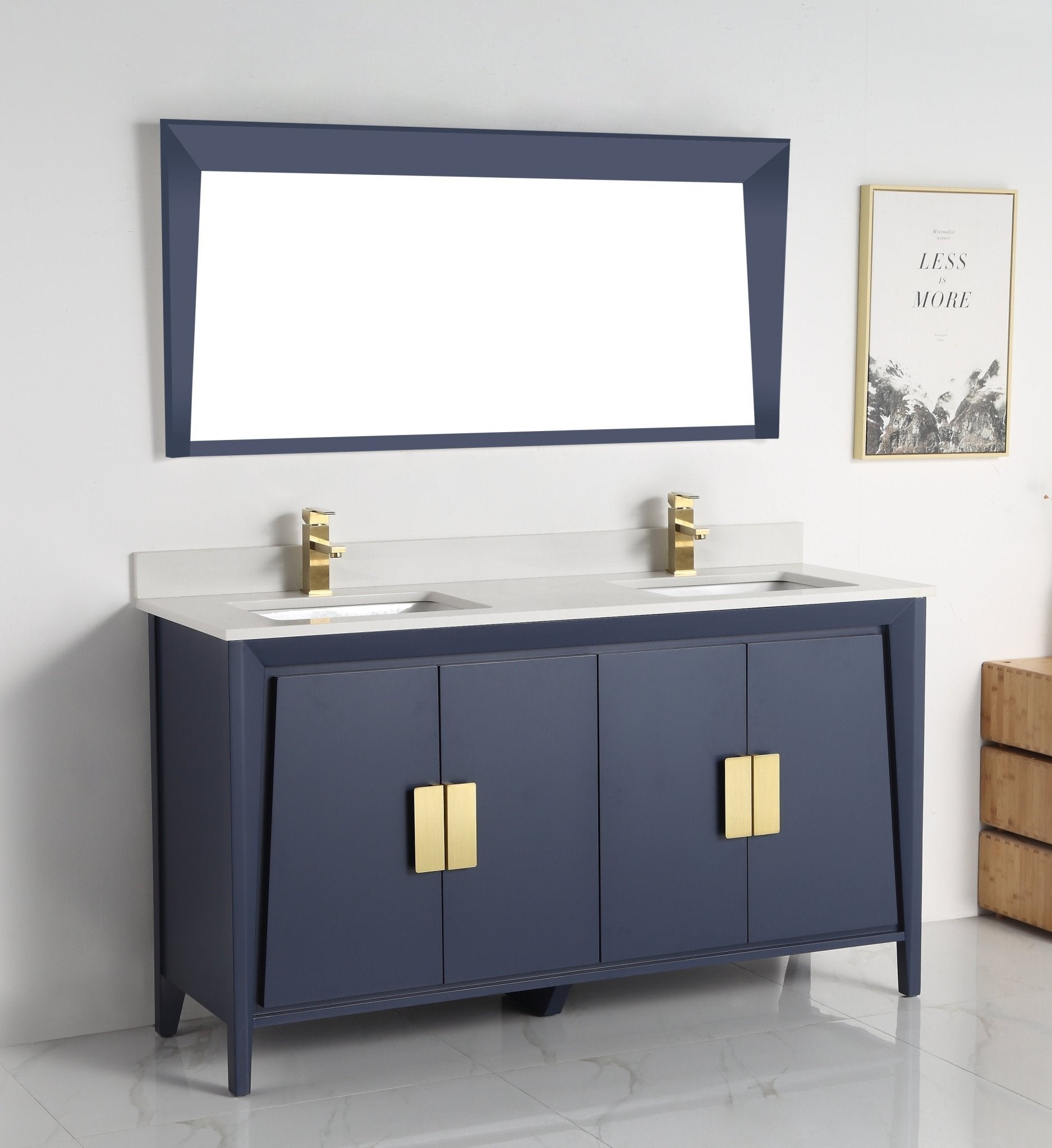 Chans Furniture CL-22NB60-QT 60" Larvotto Navy Blue Contemporary Double Sink Bathroom Vanity