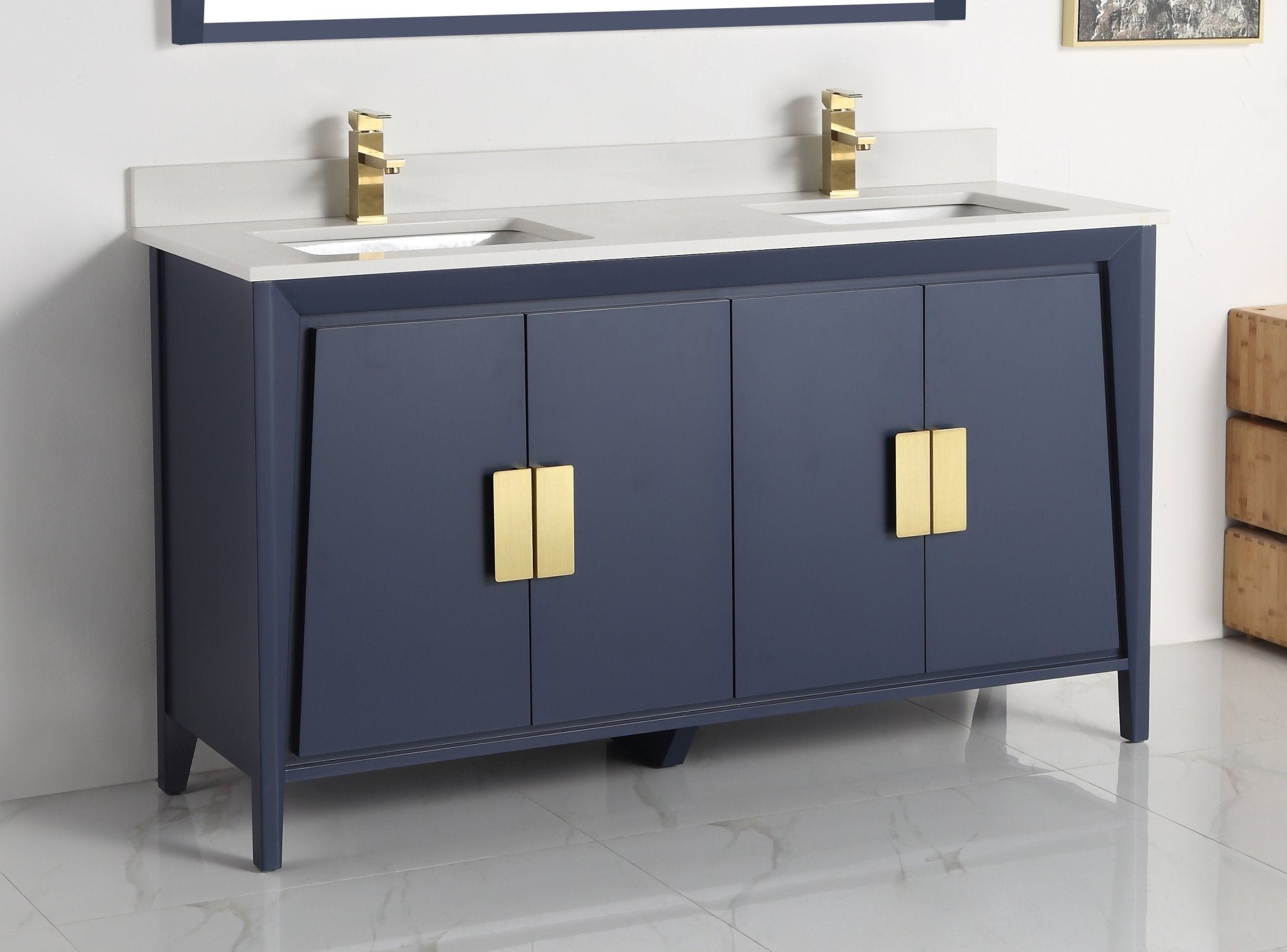 Chans Furniture CL-22NB60-QT 60" Larvotto Navy Blue Contemporary Double Sink Bathroom Vanity