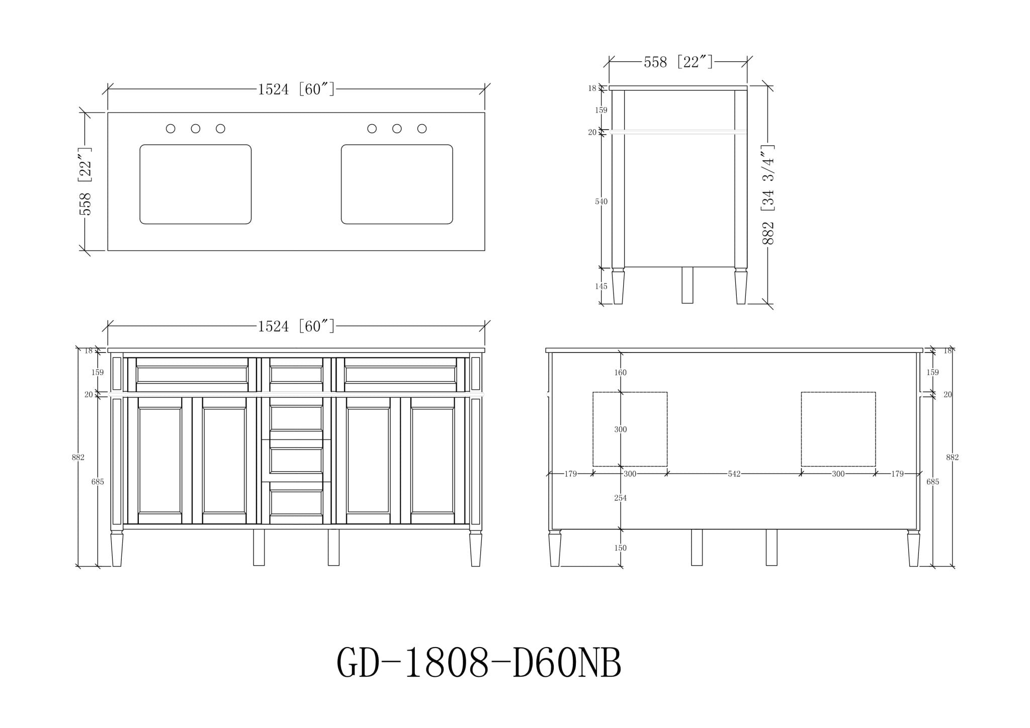 Chans Furniture 1808-D60NB 60" Tennant Brand Durand Modern Navy Blue Double Sink Bathroom Vanity