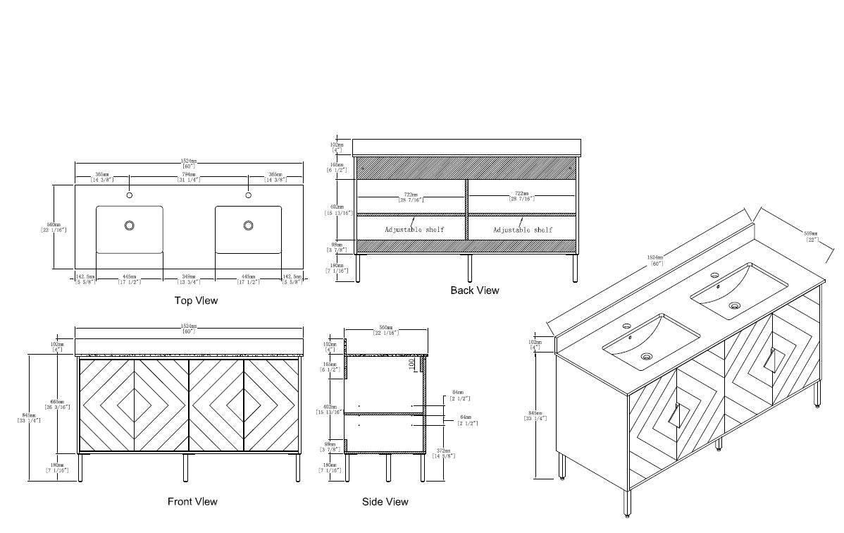 Chans Furniture AC-66NB60 60" Tennant Brand Eileen Modern Style Double Sink Bathroom Vanity