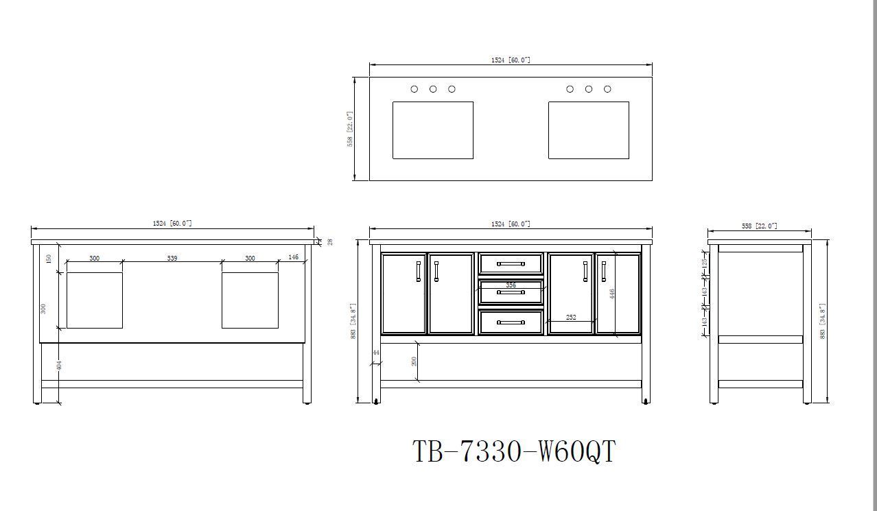 Chans Furniture QT-7330-NB60 60" Tennant Brand Navy Blue Double Sink Bathroom Vanity - Felton