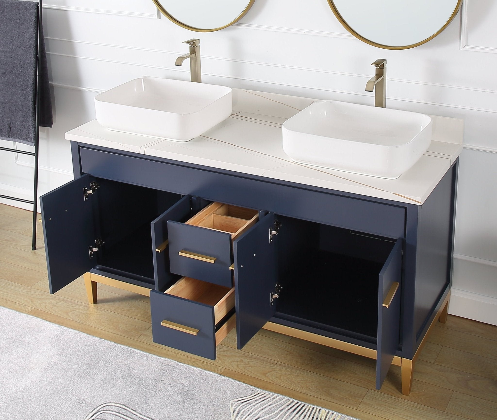 Chans Furniture 9960NB-60NU 60"  Tennant Brand Vessel sink Navy Blue Beatrice Double Sink Vanity