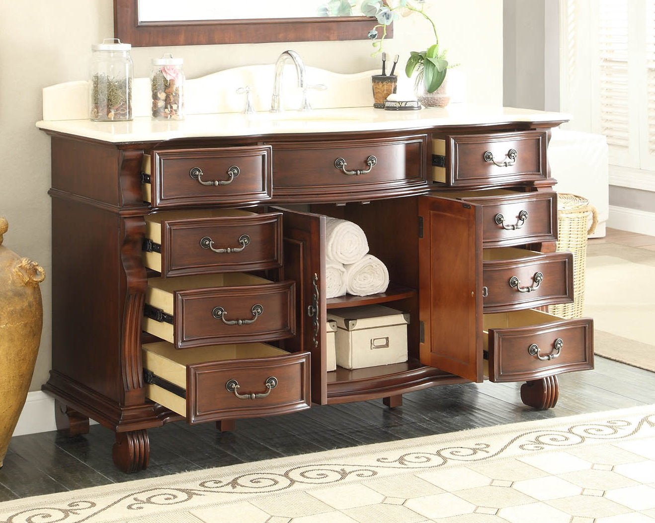 Chans Furniture GD-4437M-60 60 inch Antique Style Cherry Wood Hopkinton Bathroom Sink Vanity Creama Mafil Stone Top