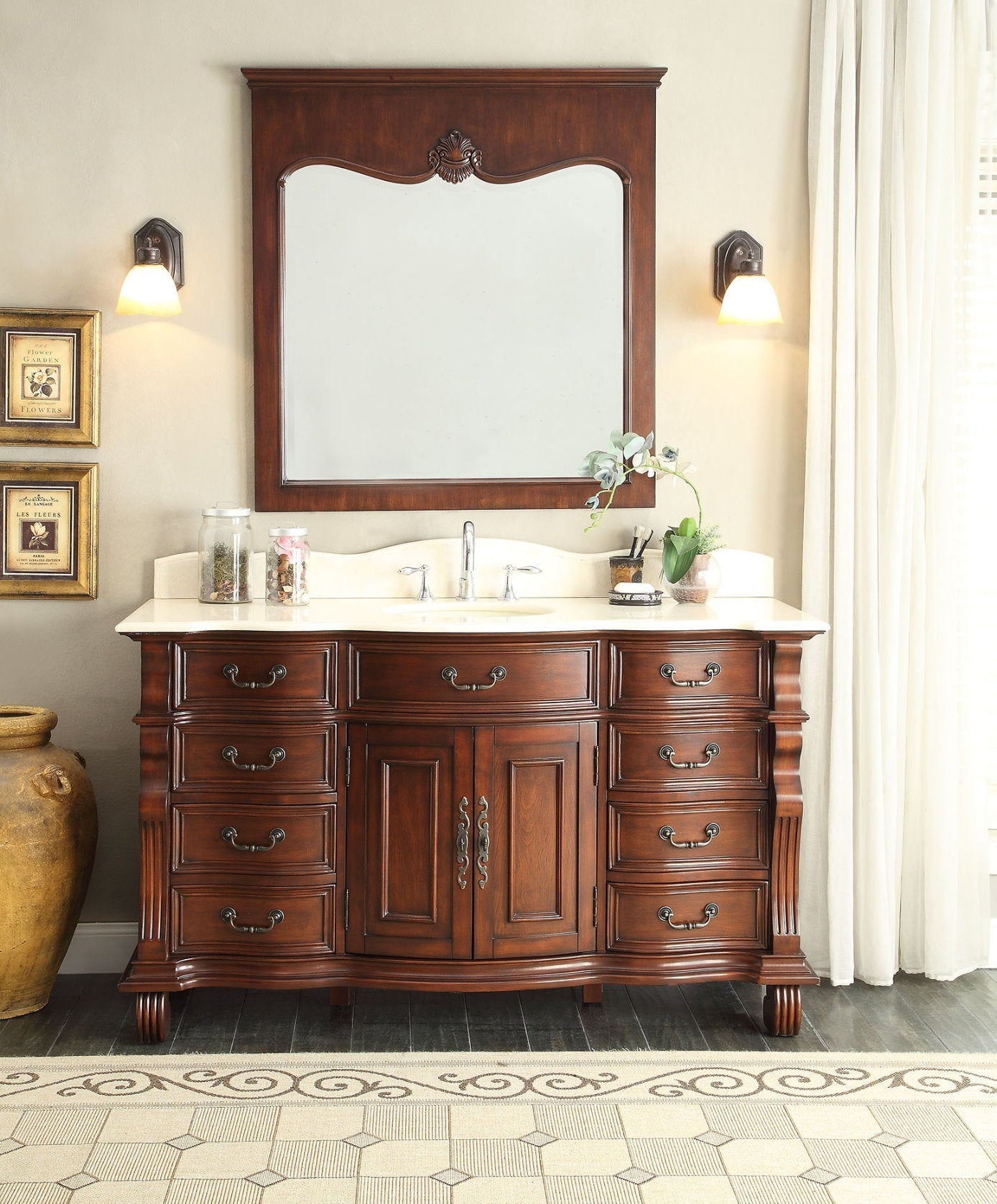 Chans Furniture GD-4437M-60 60 inch Antique Style Cherry Wood Hopkinton Bathroom Sink Vanity Creama Mafil Stone Top