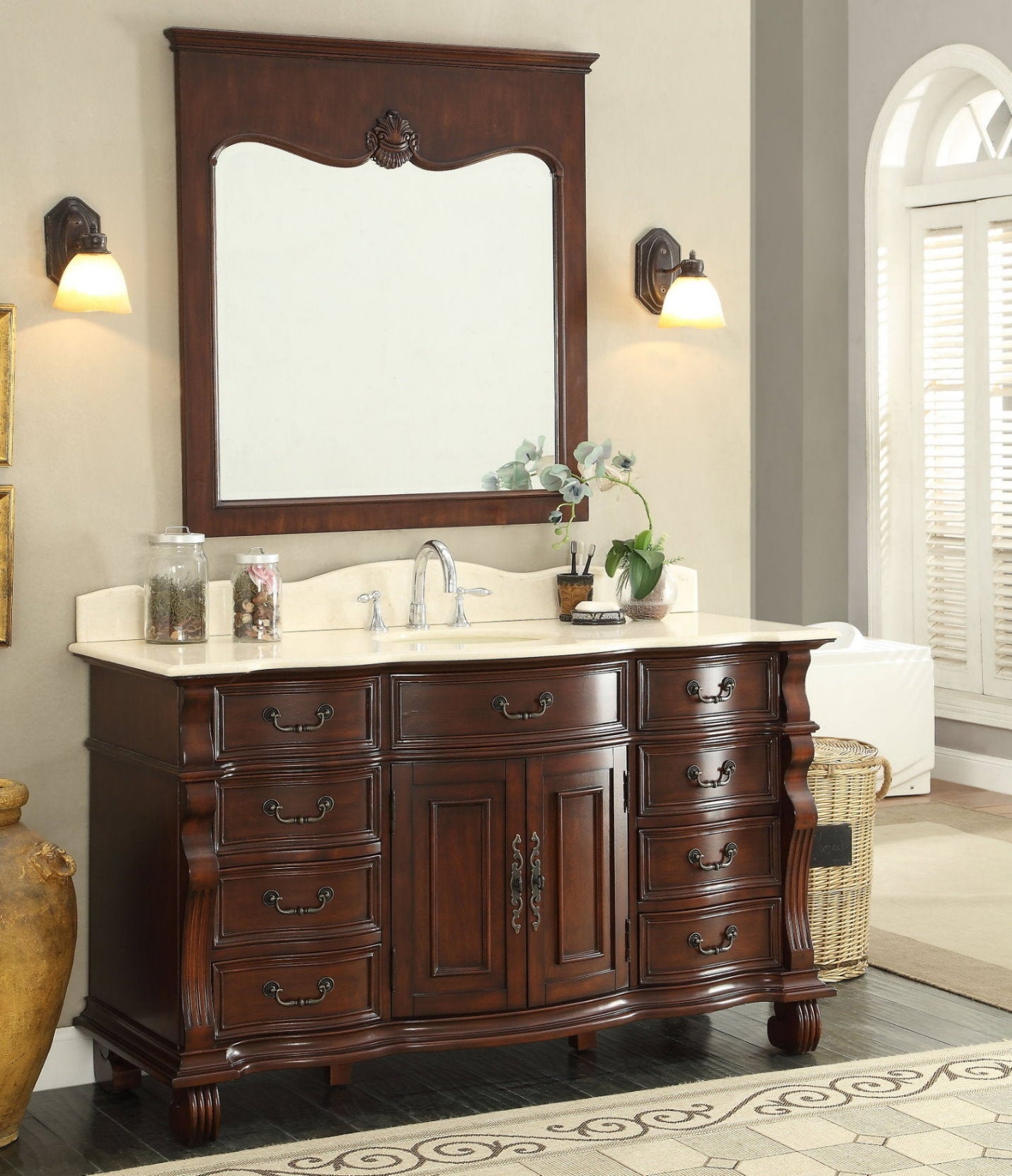 Chans Furniture GD-4437M-60 60 inch Antique Style Cherry Wood Hopkinton Bathroom Sink Vanity Creama Mafil Stone Top