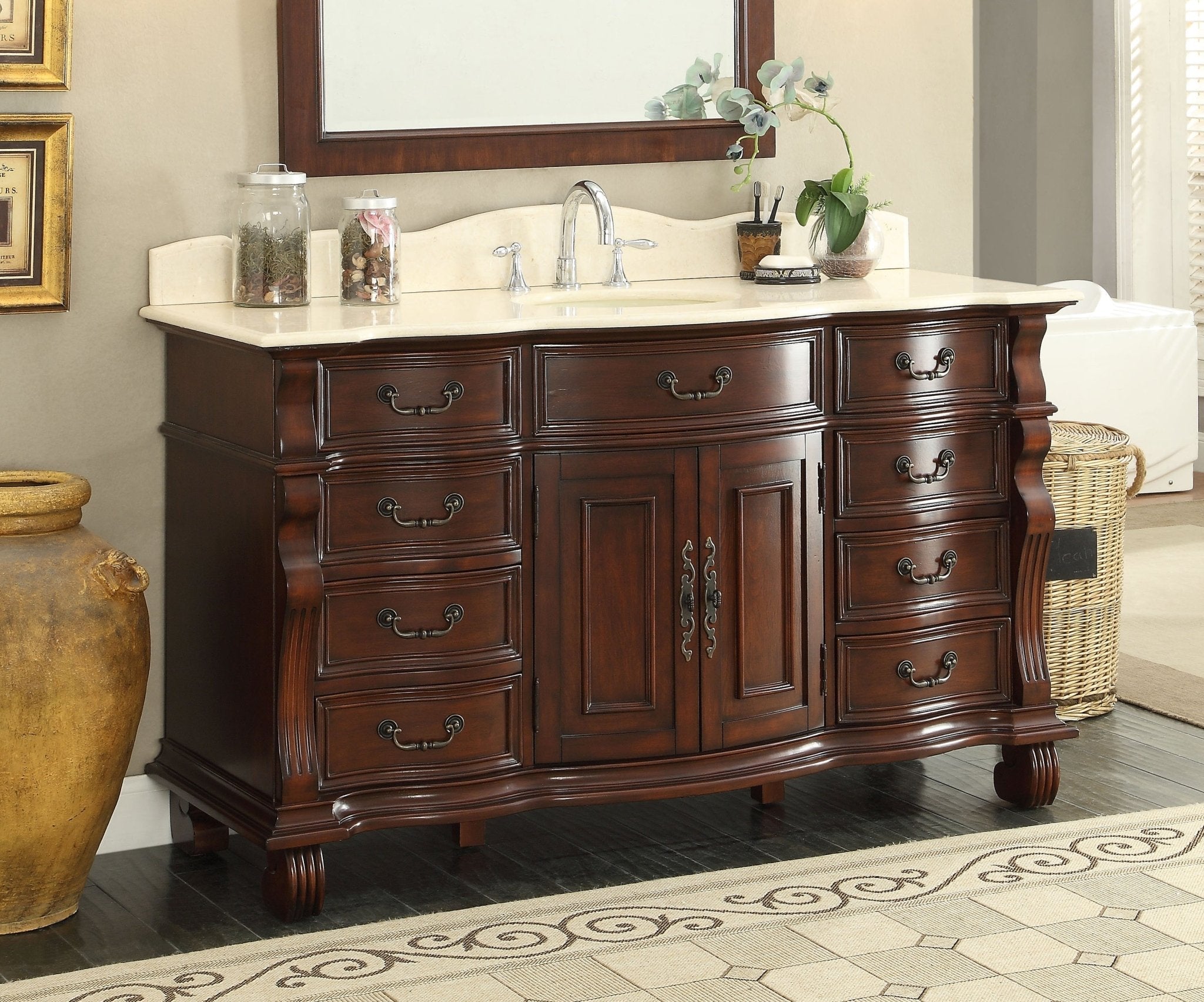 Chans Furniture GD-4437M-60 60 inch Antique Style Cherry Wood Hopkinton Bathroom Sink Vanity Creama Mafil Stone Top