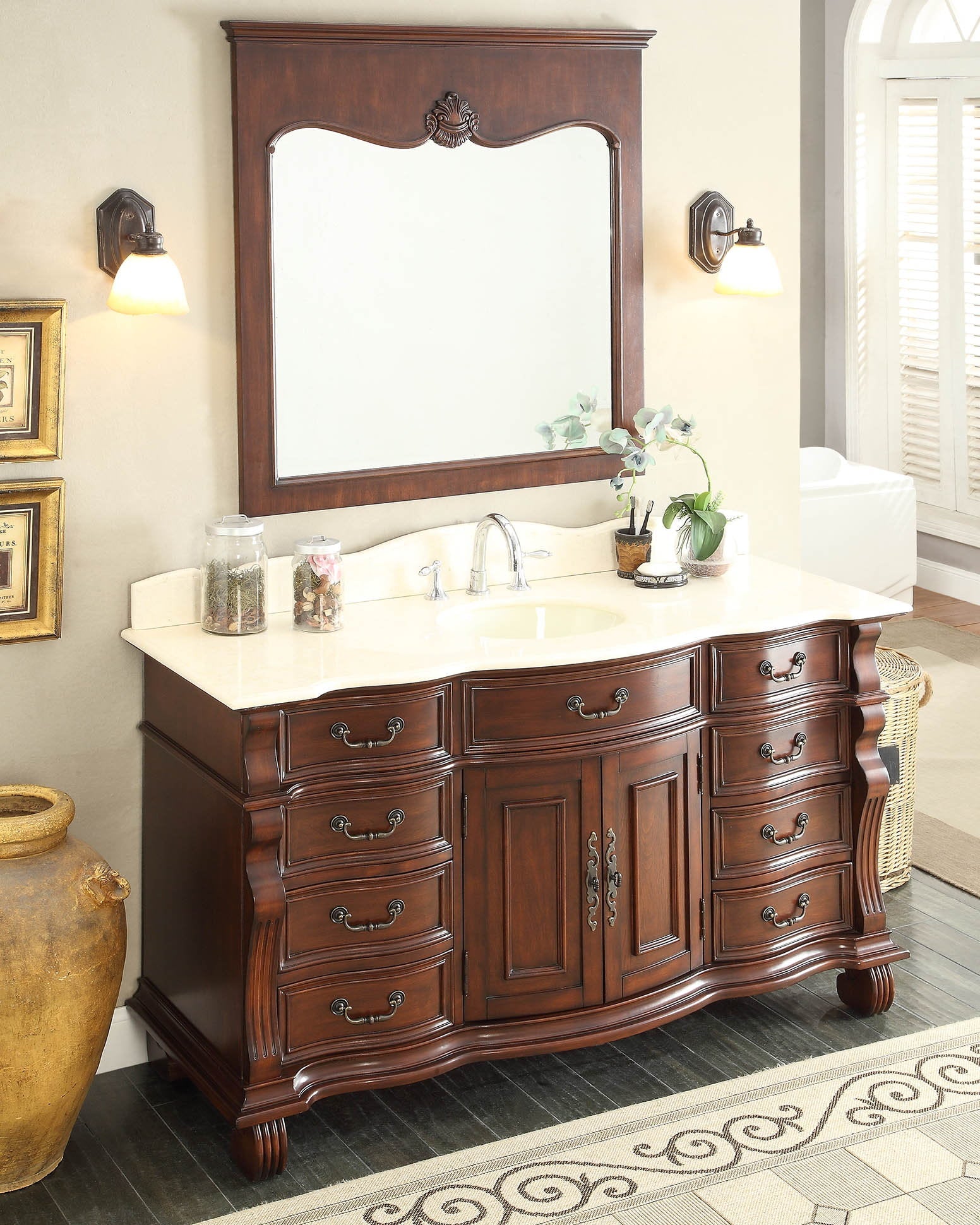 Chans Furniture GD-4437M-60 60 inch Antique Style Cherry Wood Hopkinton Bathroom Sink Vanity Creama Mafil Stone Top
