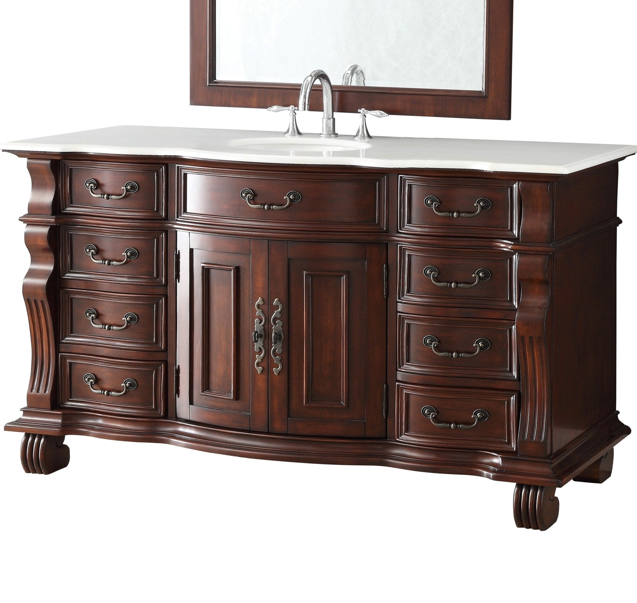 Chans Furniture GD-4437W-60 60 inch Antique Style Cherry Wood Hopkinton Bathroom Sink Vanity White Marble Top