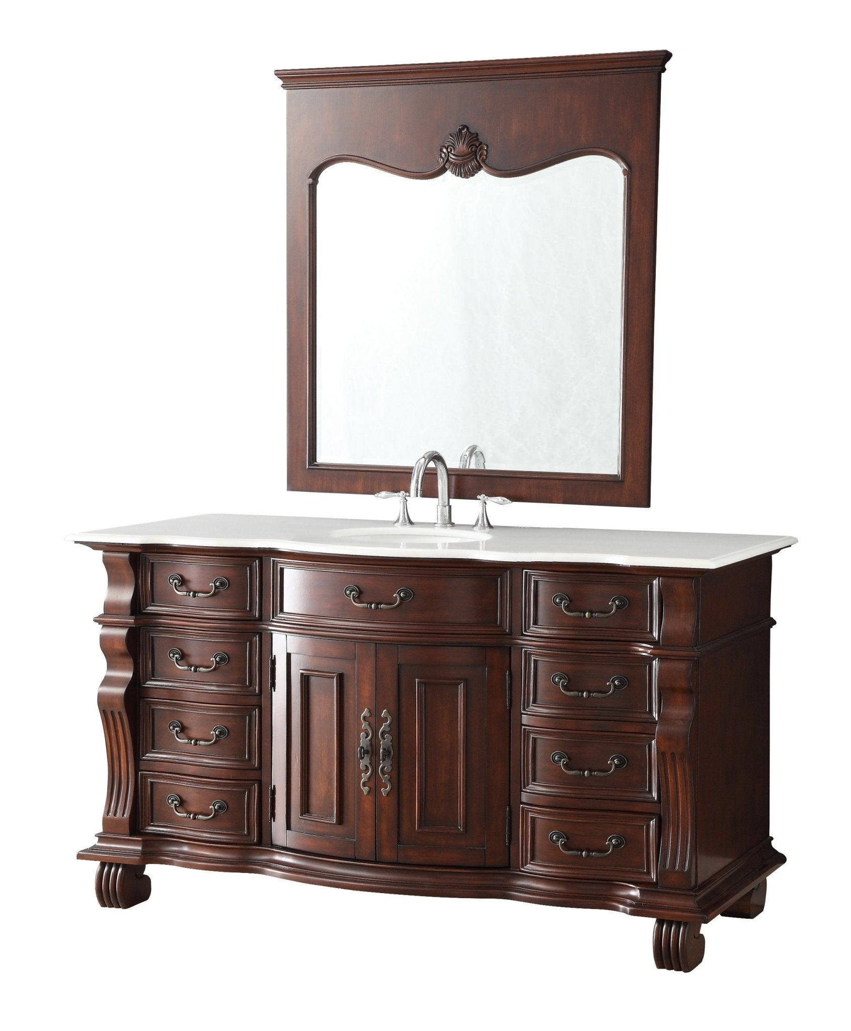 Chans Furniture GD-4437W-60 60 inch Antique Style Cherry Wood Hopkinton Bathroom Sink Vanity White Marble Top