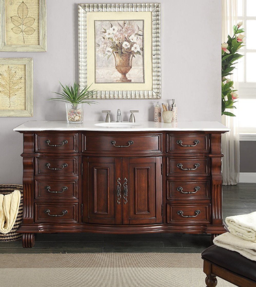 Chans Furniture GD-4437W-60 60 inch Antique Style Cherry Wood Hopkinton Bathroom Sink Vanity White Marble Top