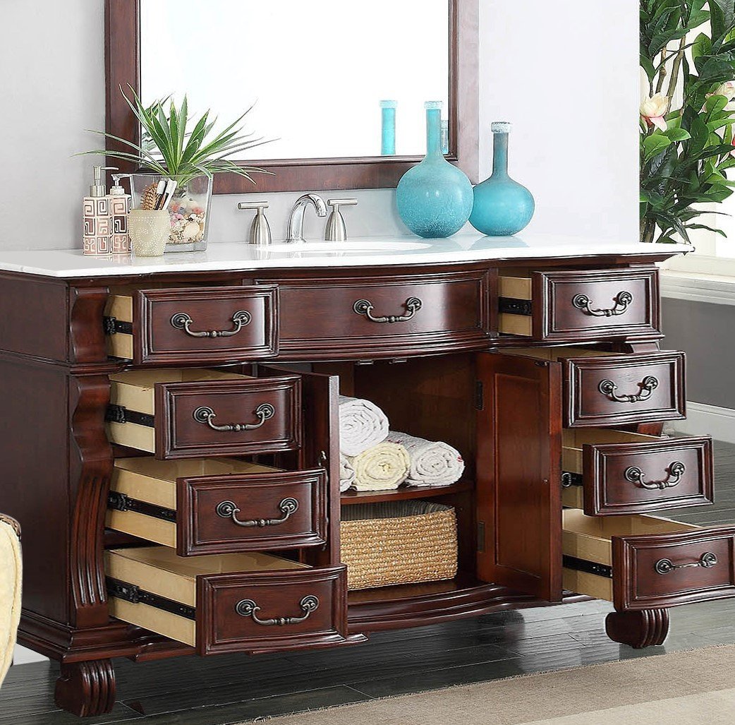 Chans Furniture GD-4437W-60 60 inch Antique Style Cherry Wood Hopkinton Bathroom Sink Vanity White Marble Top