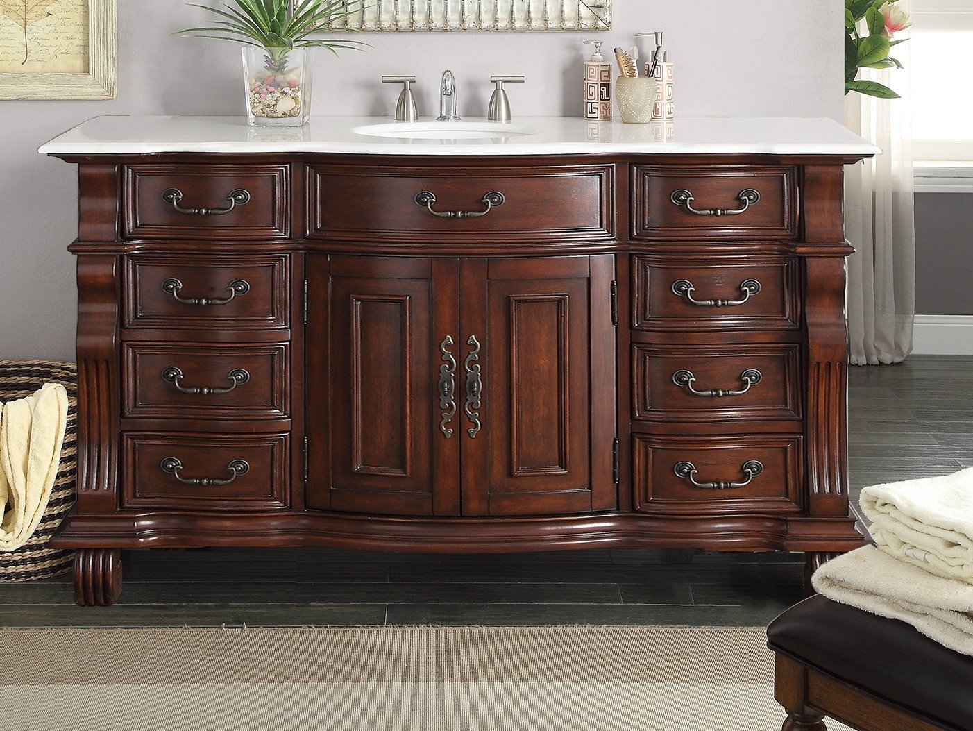 Chans Furniture GD-4437W-60 60 inch Antique Style Cherry Wood Hopkinton Bathroom Sink Vanity White Marble Top