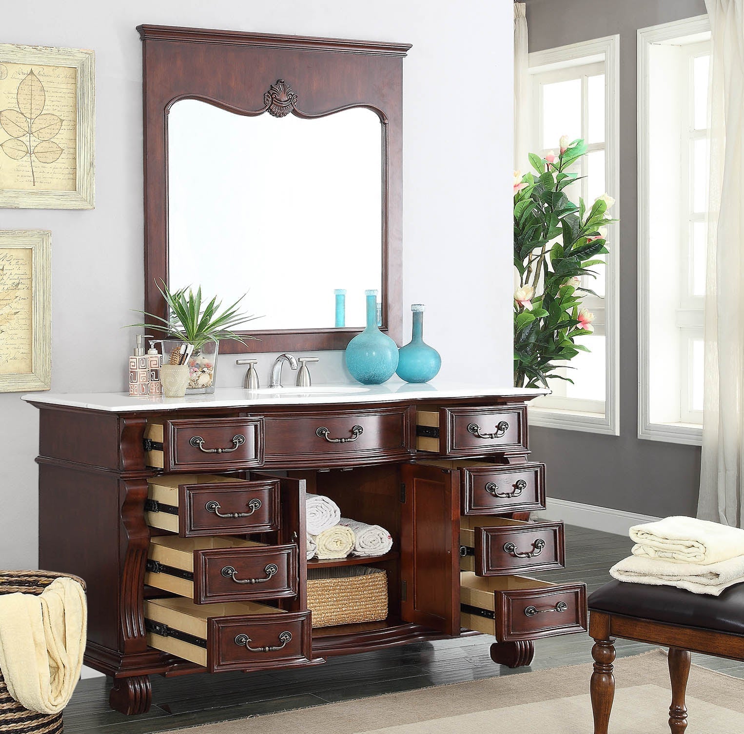 Chans Furniture GD-4437W-60 60 inch Antique Style Cherry Wood Hopkinton Bathroom Sink Vanity White Marble Top