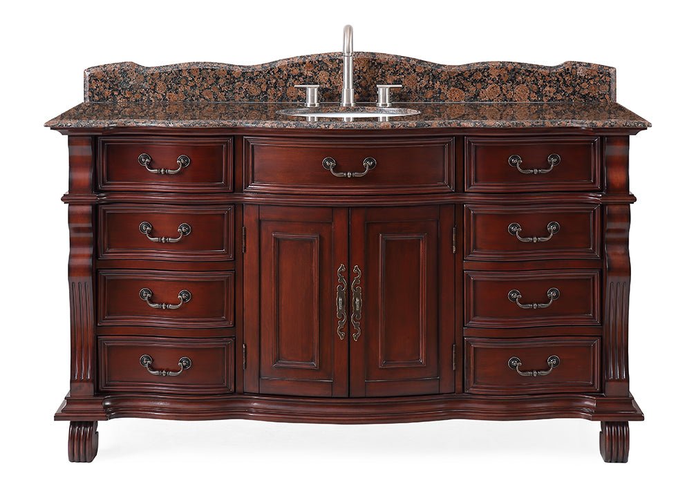 Chans Furniture GD-4437SB-60 60 inch Antique Style Cherry Wood Hopkinton Bathroom Sink Vanity With Baltic Brown Top