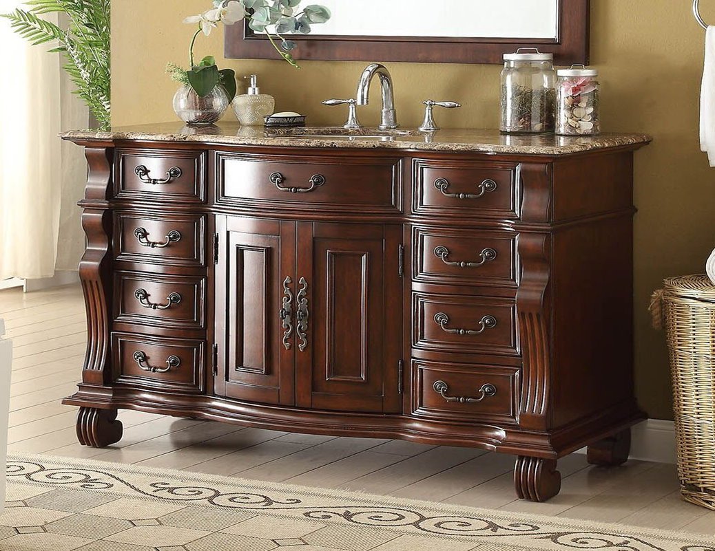 Chans Furniture GD-4437SB-60 60 inch Antique Style Cherry Wood Hopkinton Bathroom Sink Vanity With Baltic Brown Top