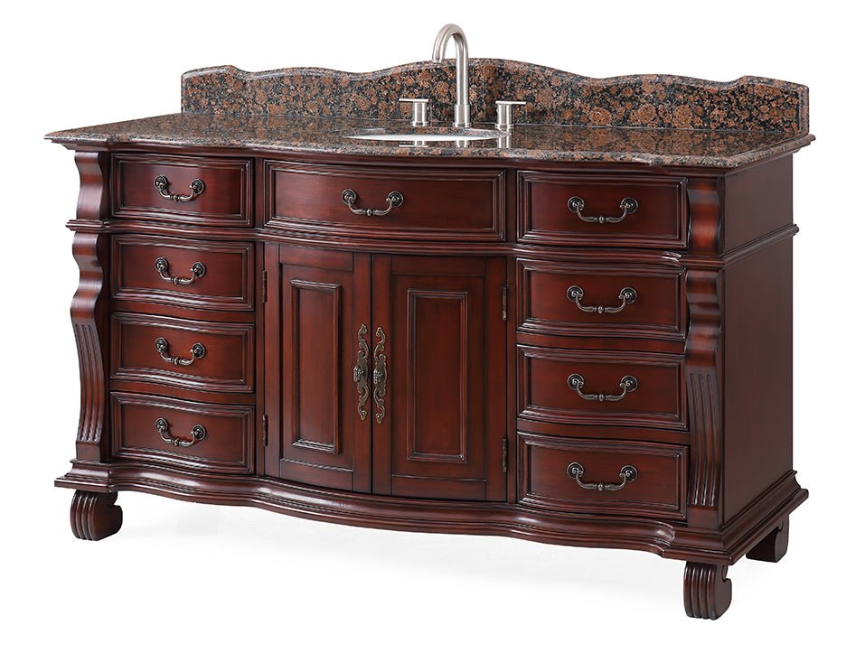 Chans Furniture GD-4437SB-60 60 inch Antique Style Cherry Wood Hopkinton Bathroom Sink Vanity With Baltic Brown Top