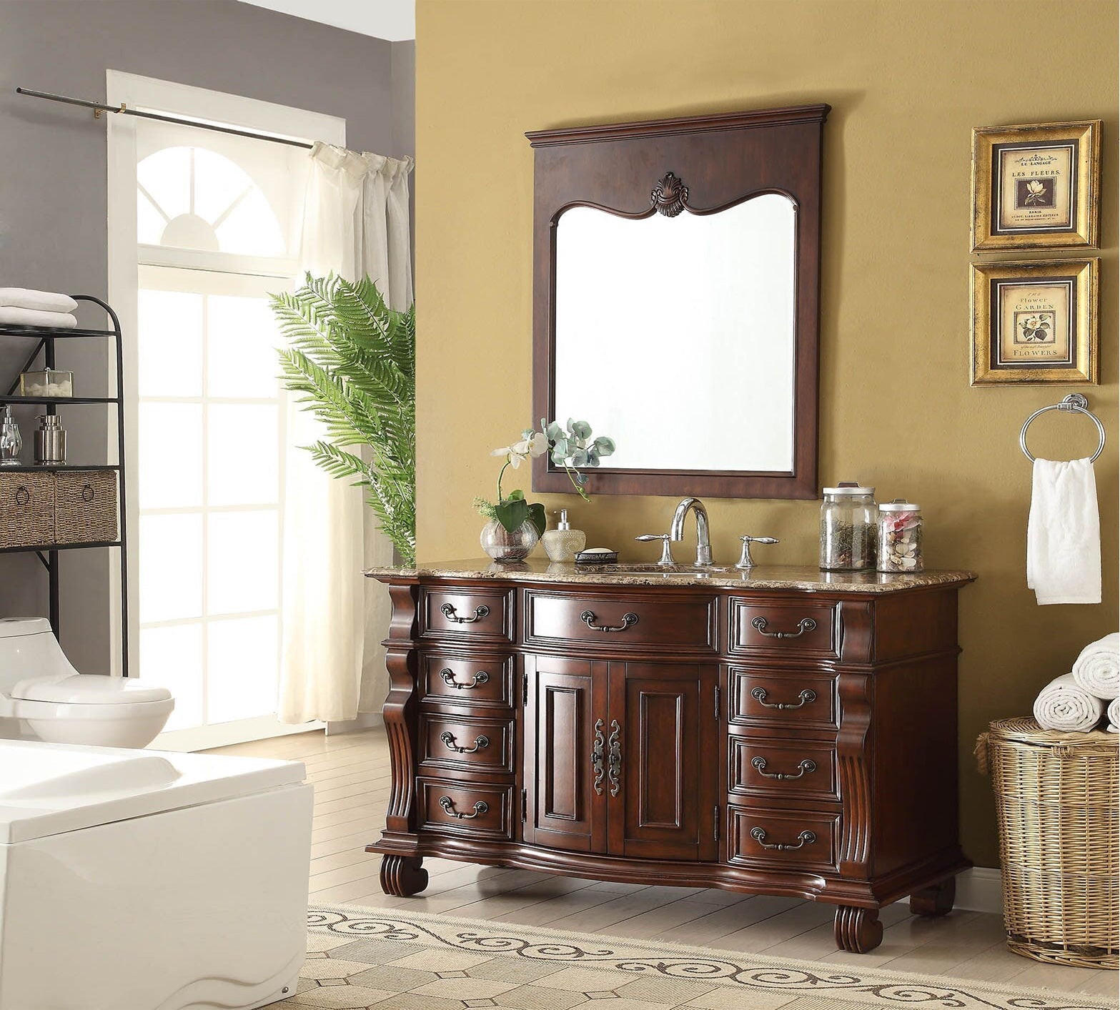Chans Furniture GD-4437SB-60 60 inch Antique Style Cherry Wood Hopkinton Bathroom Sink Vanity With Baltic Brown Top