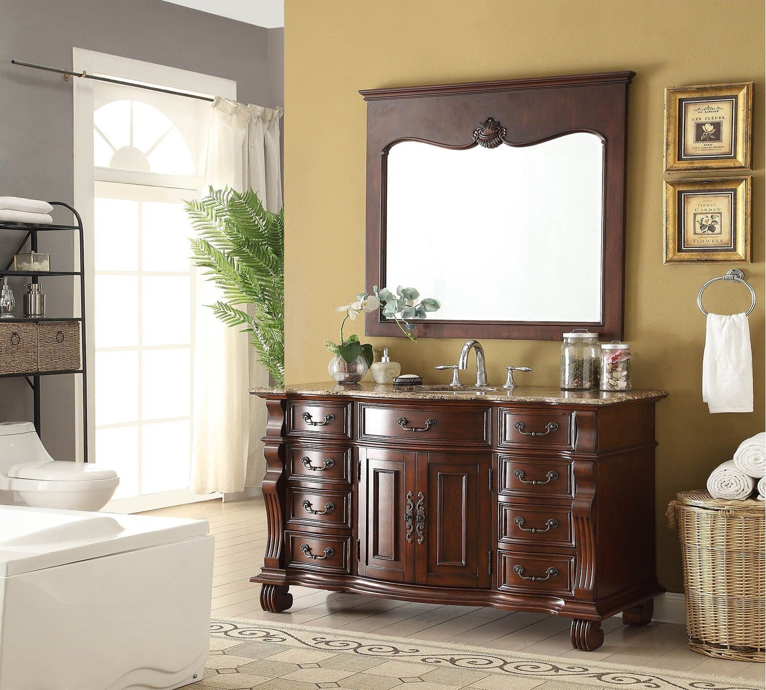 Chans Furniture GD-4437SB-60 60 inch Antique Style Cherry Wood Hopkinton Bathroom Sink Vanity With Baltic Brown Top