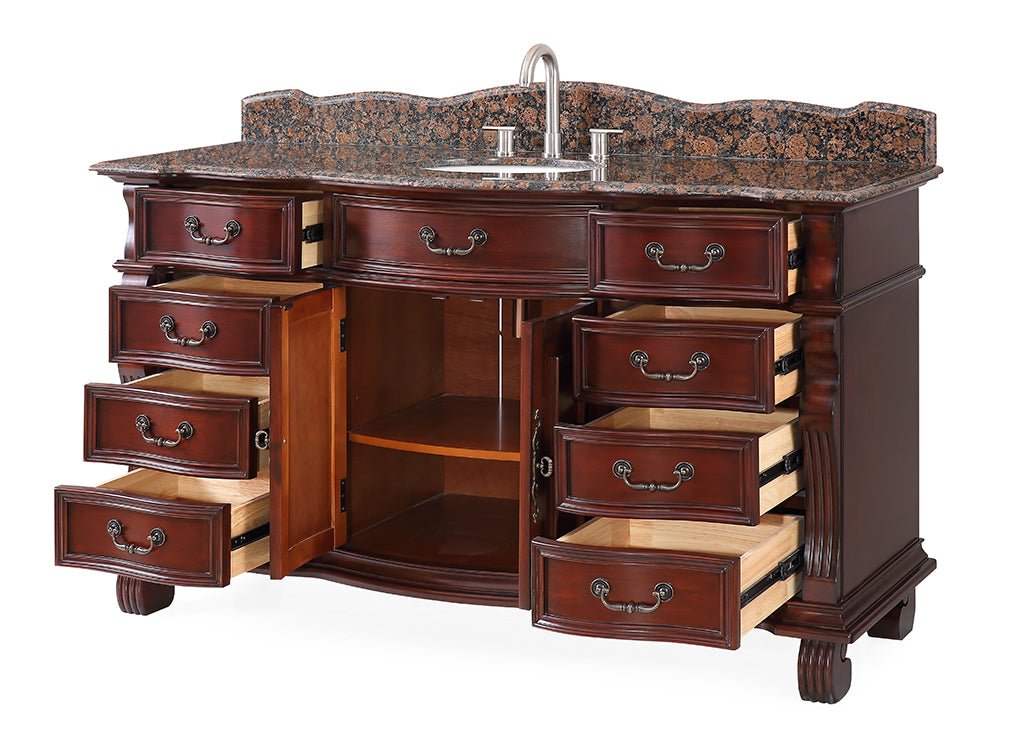 Chans Furniture GD-4437SB-60 60 inch Antique Style Cherry Wood Hopkinton Bathroom Sink Vanity With Baltic Brown Top