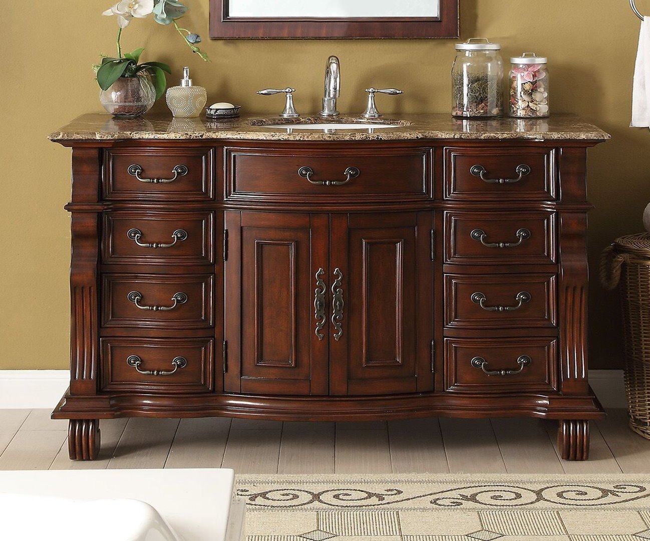 Chans Furniture GD-4437SB-60 60 inch Antique Style Cherry Wood Hopkinton Bathroom Sink Vanity With Baltic Brown Top
