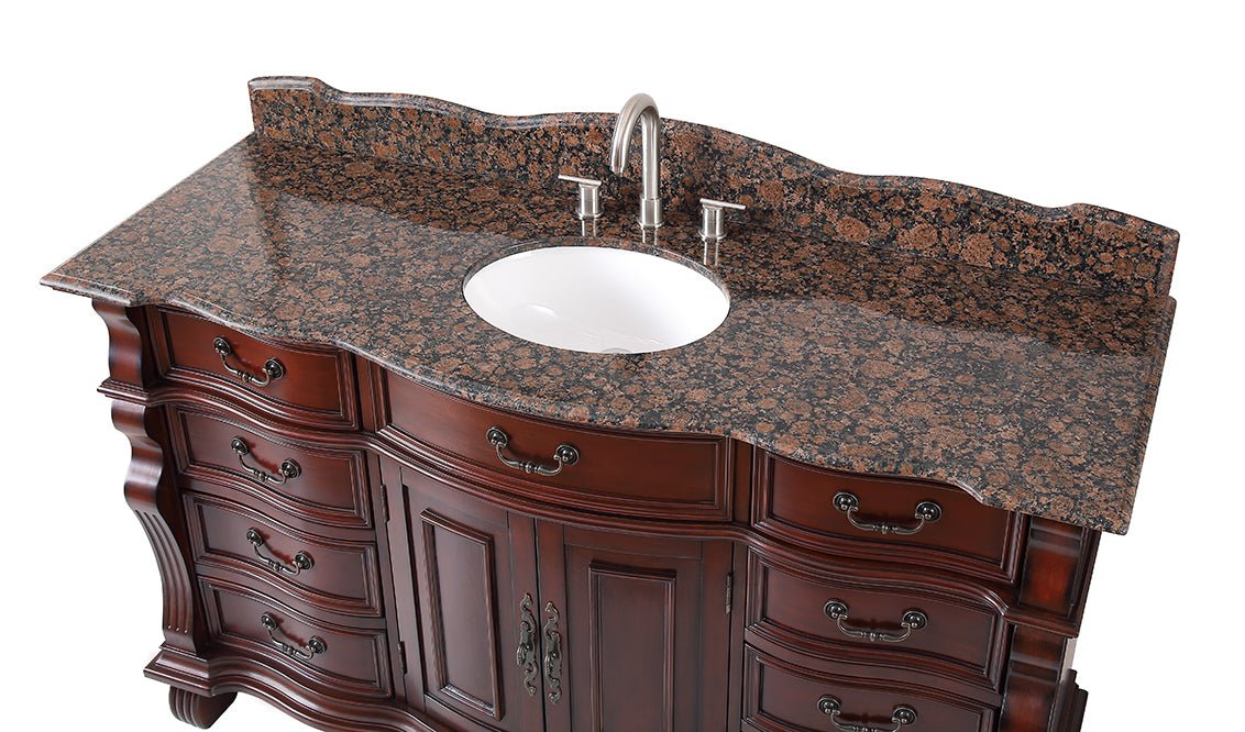 Chans Furniture GD-4437SB-60 60 inch Antique Style Cherry Wood Hopkinton Bathroom Sink Vanity With Baltic Brown Top