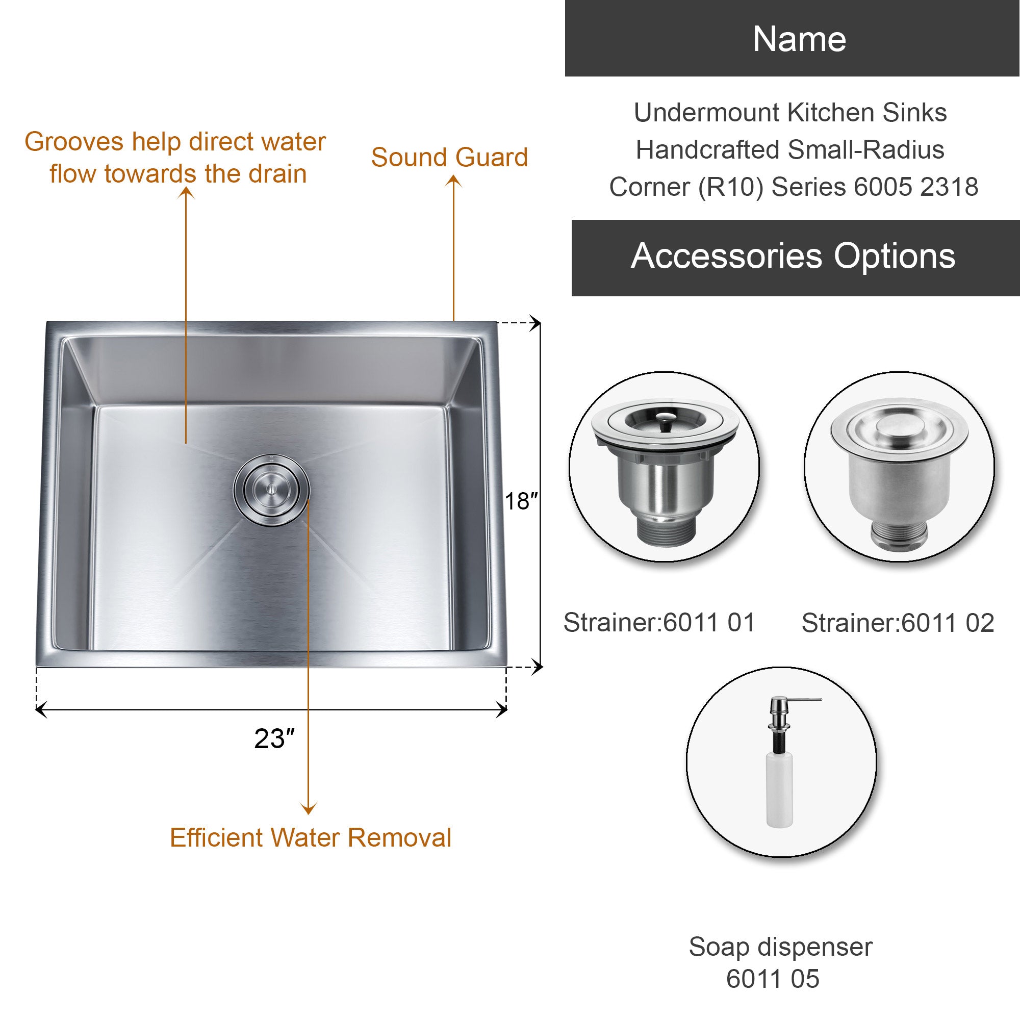 Undermount Kitchen Sinks Handcrafted Small-Radius Corner (R10) Series 6005 2318