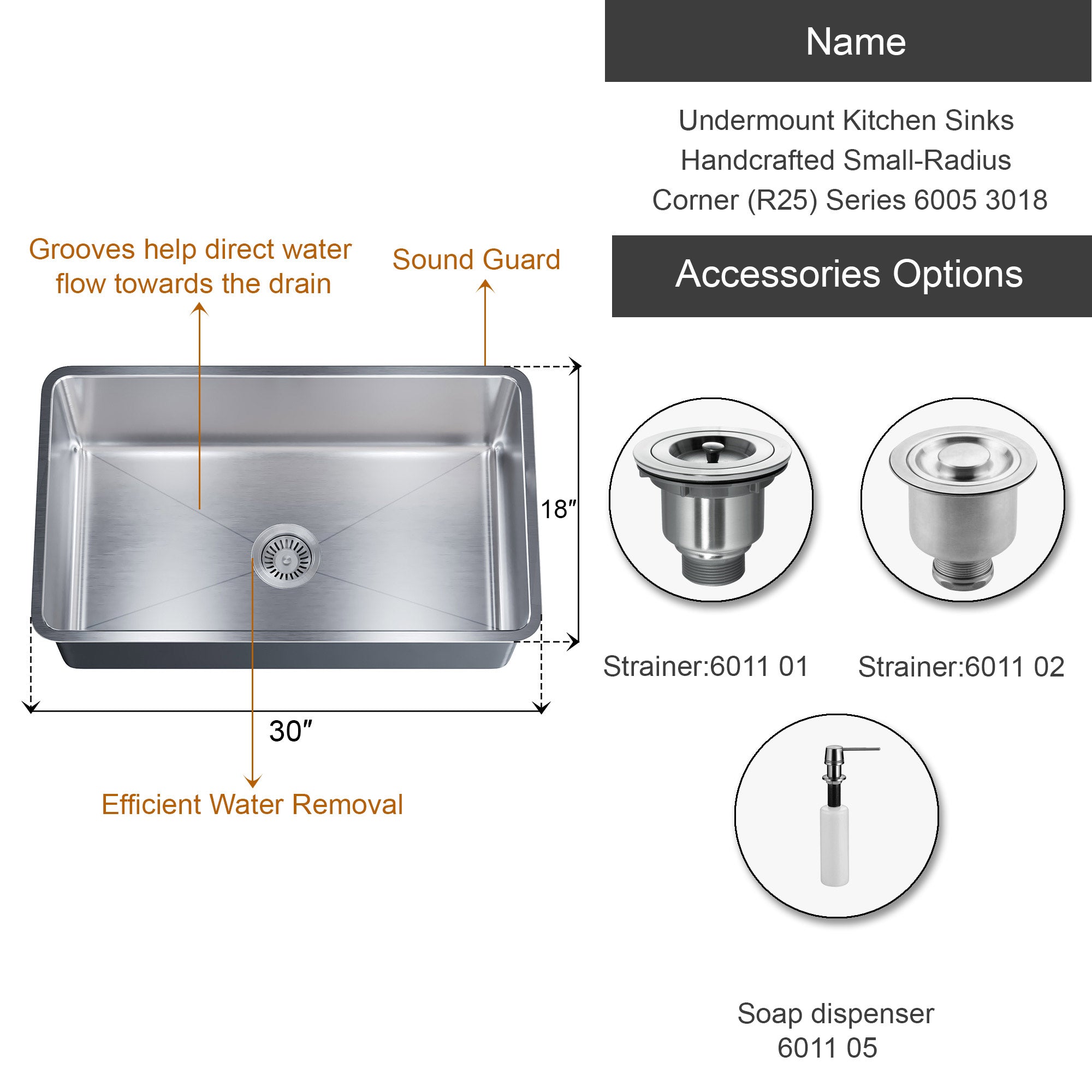 Undermount Kitchen Sinks Handcrafted Small-Radius Corner (R25) Series 6005 3018