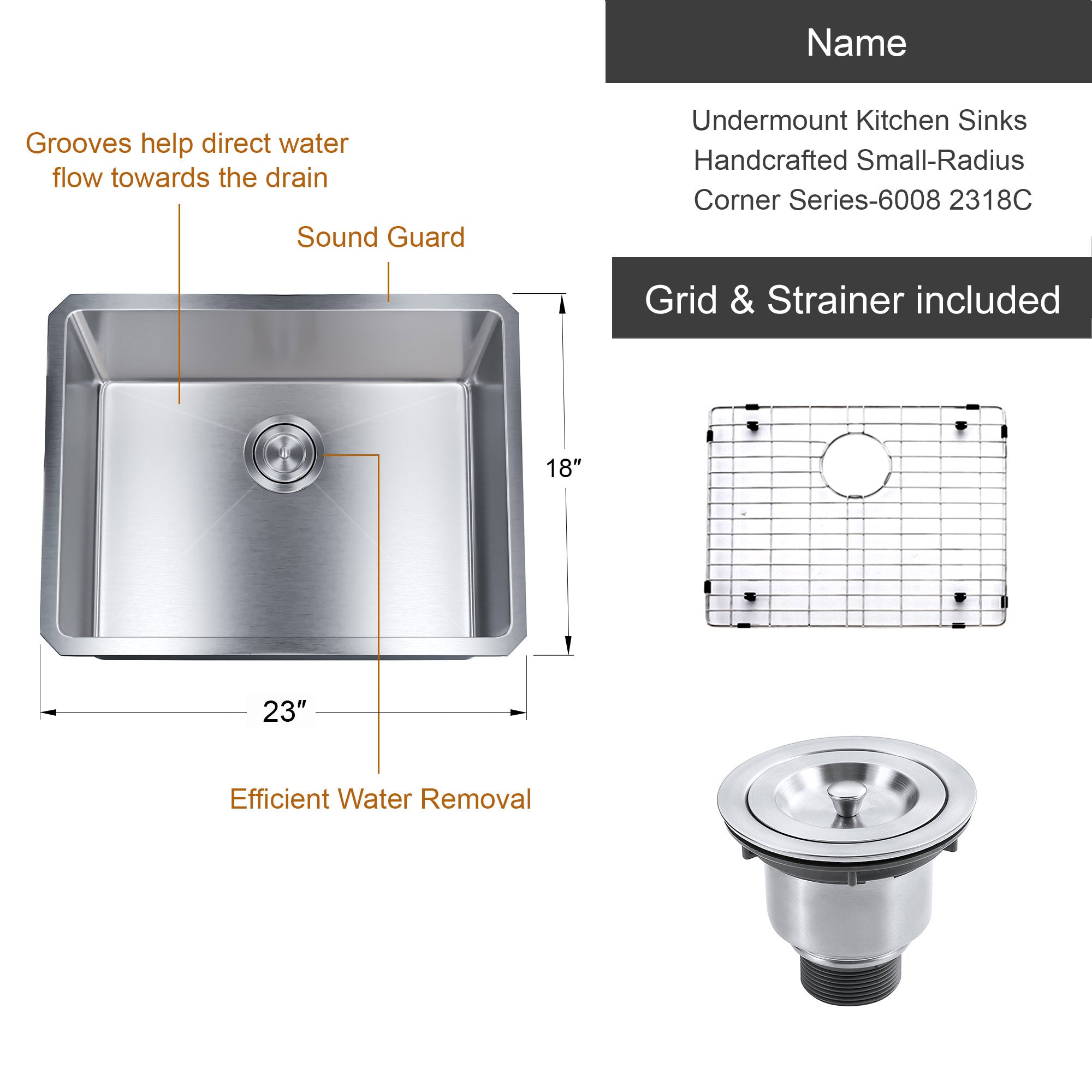 Undermount Kitchen Sinks Handcrafted Small-Radius Corner Series-6008 2318C