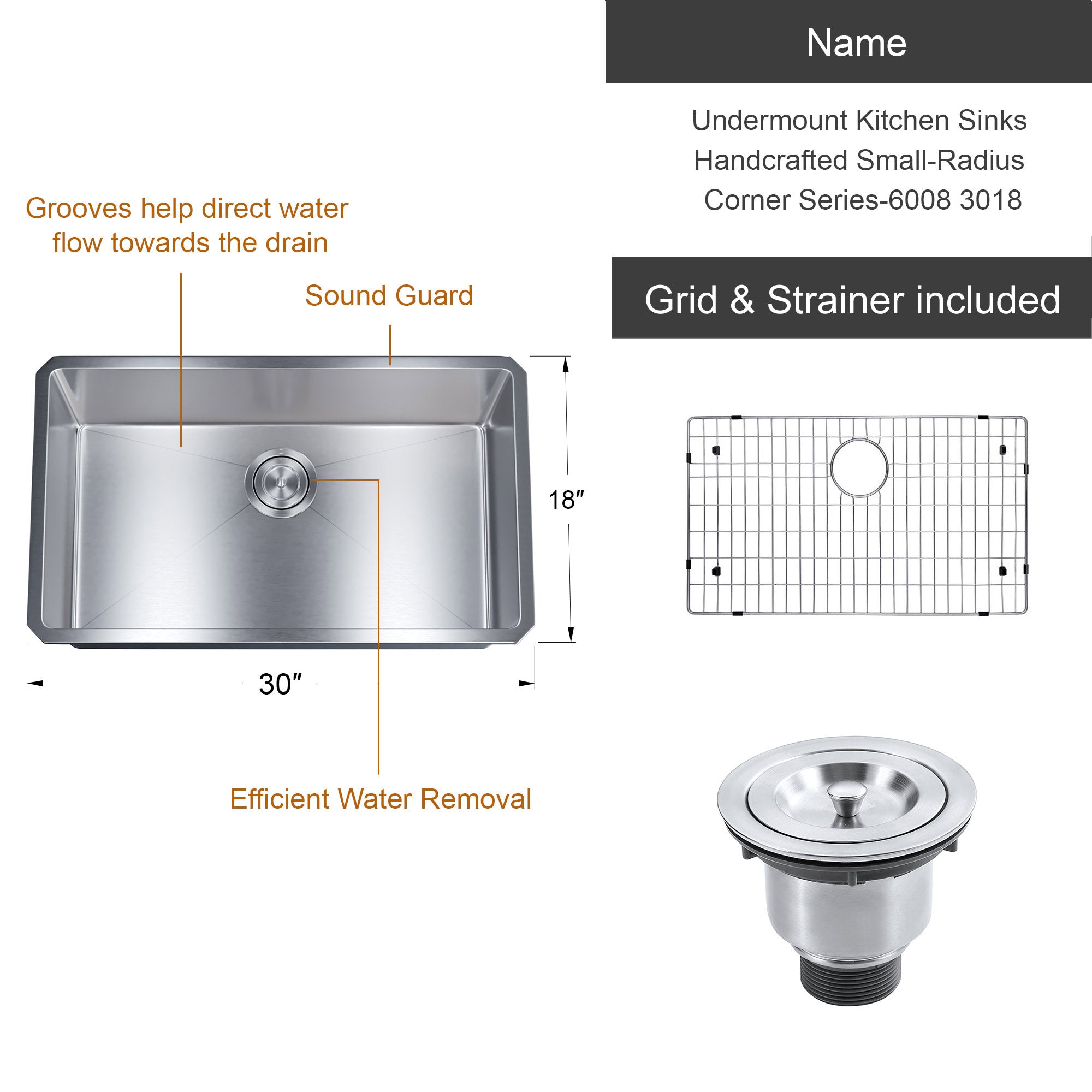 Undermount Kitchen Sinks Handcrafted Small-Radius Corner Series-6008 3018